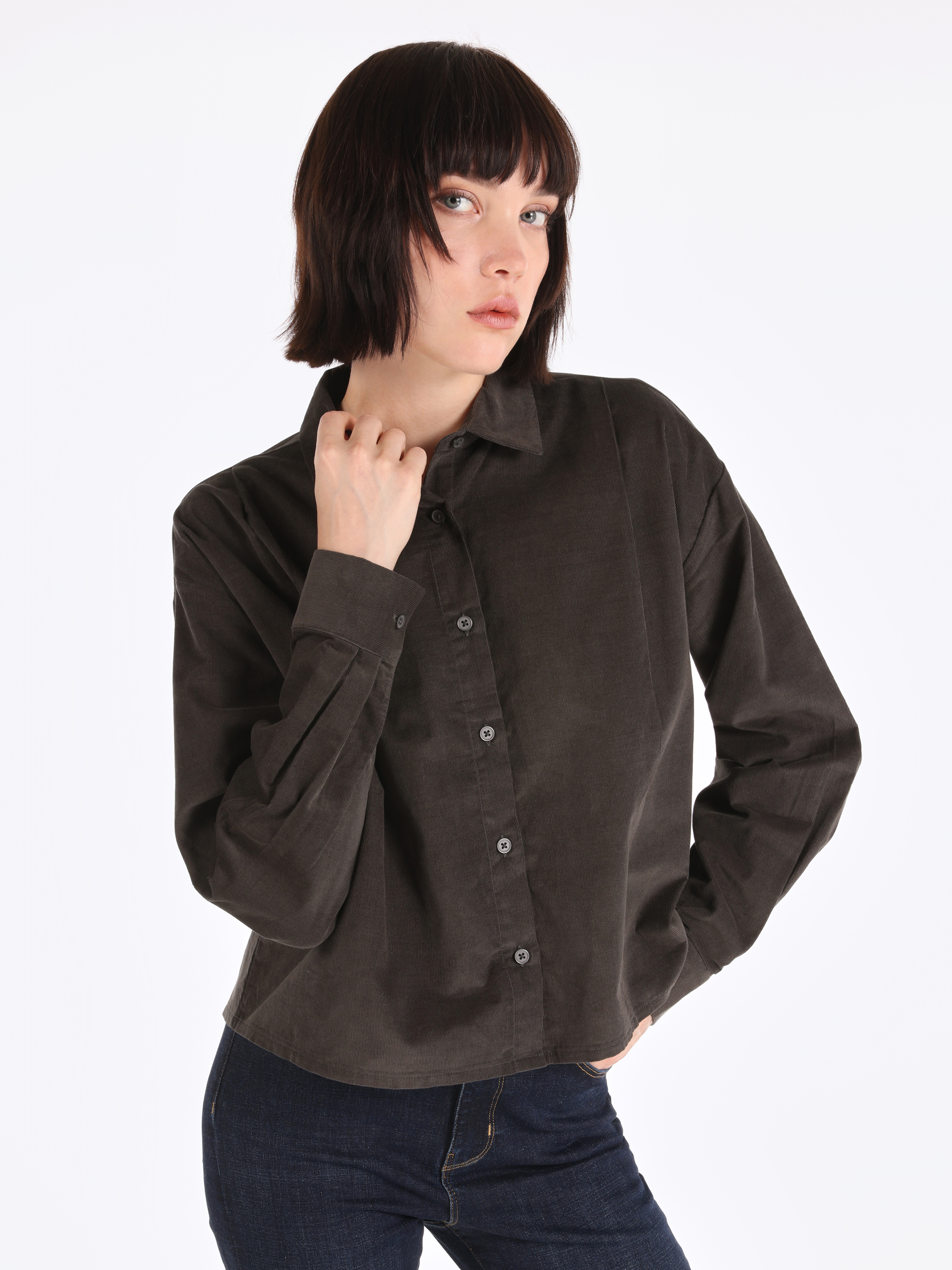 Relaxed Fit Shirt Neck Düz Kadın Antrasit Uzun Kol Gömlek Cl1065835