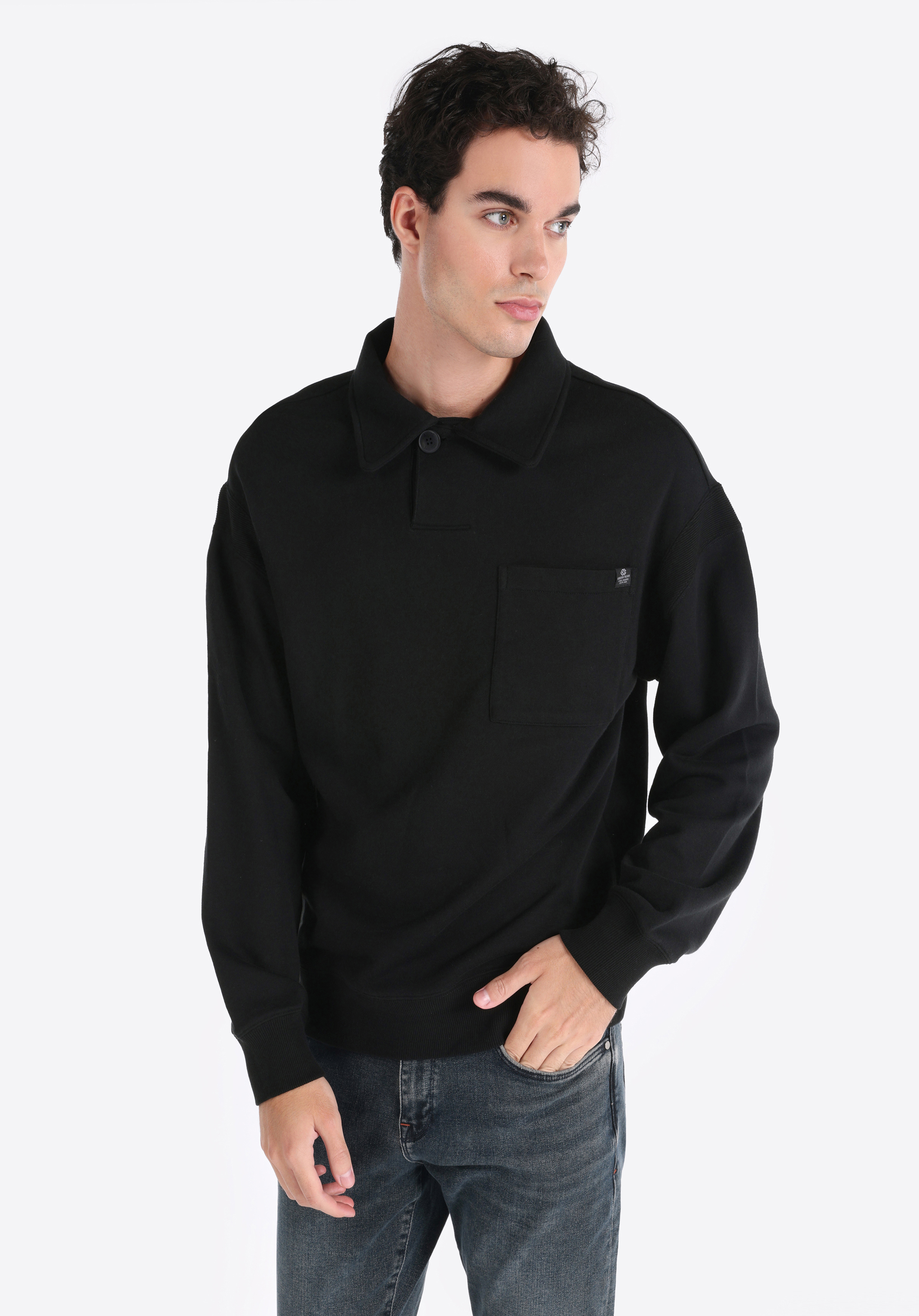 Comfort Fit Polo Yaka Düz Erkek Siyah Uzun Kol Tişört