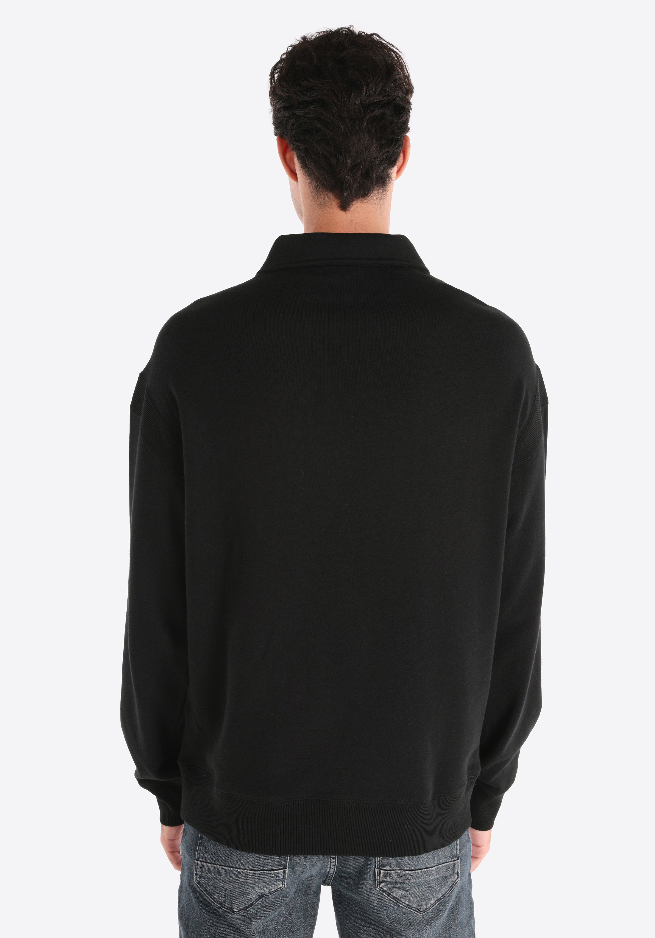 Comfort Fit Polo Yaka Düz Erkek Siyah Uzun Kol Tişört