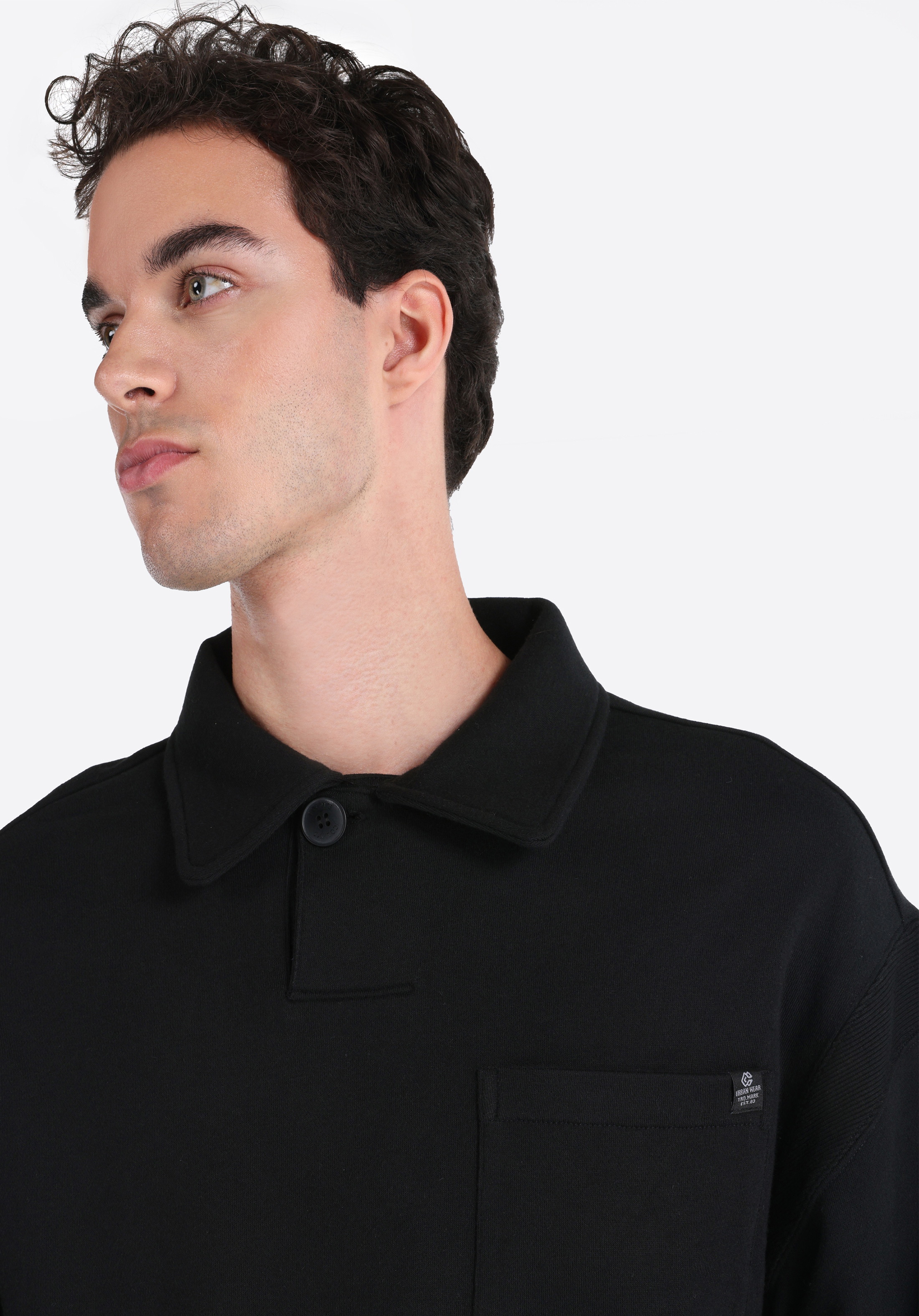 Comfort Fit Polo Yaka Düz Erkek Siyah Uzun Kol Tişört