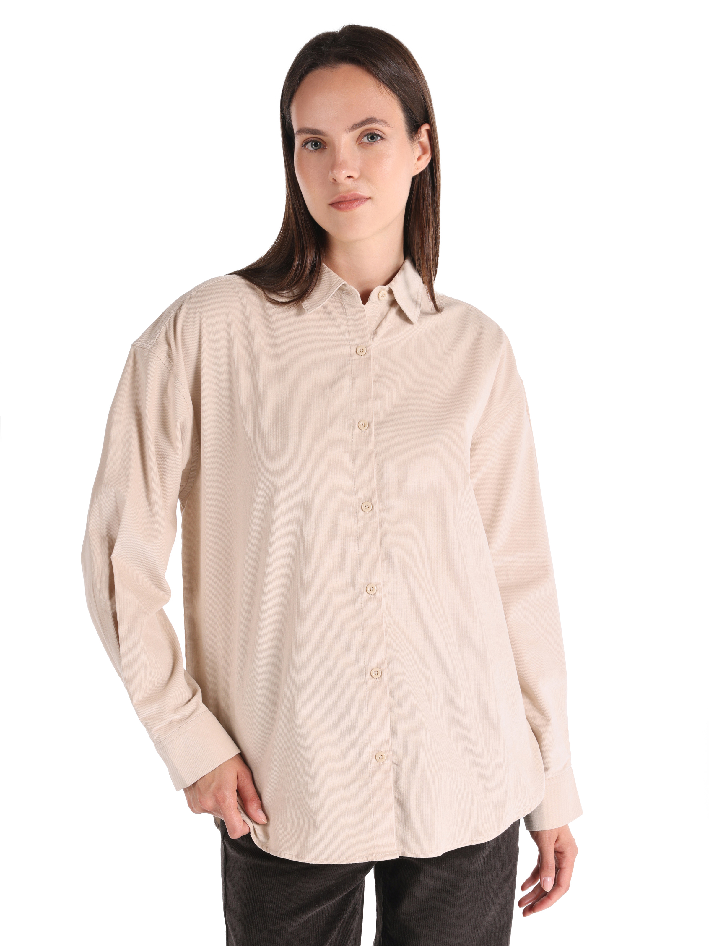 Regular Fit Shirt Neck Düz Kadın Bej Uzun Kol Gömlek