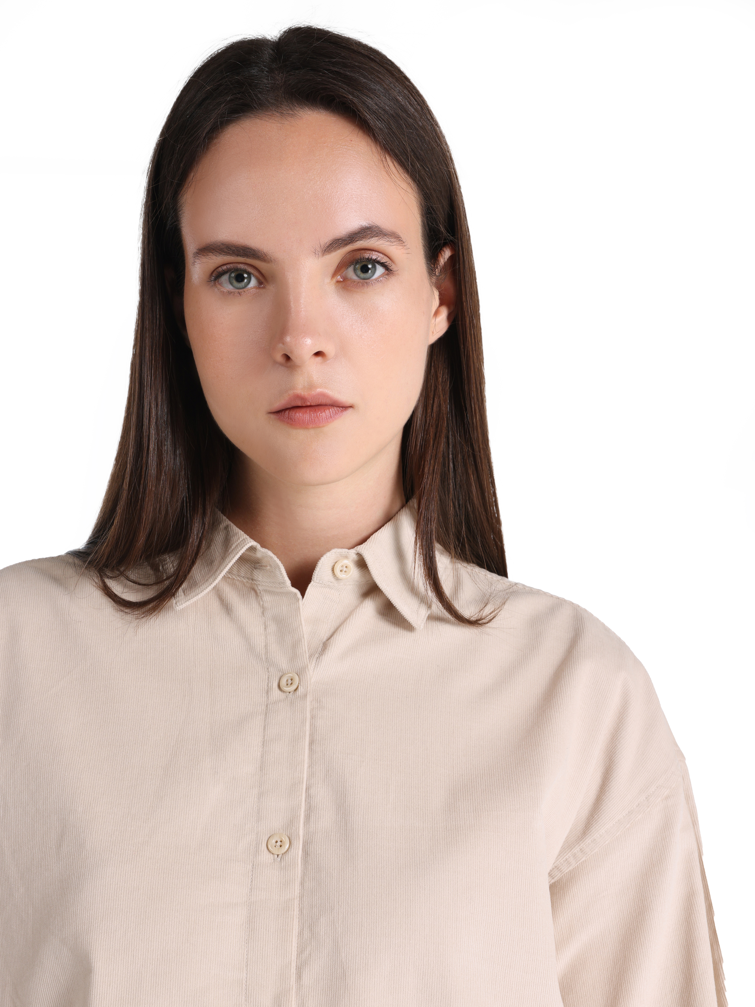 Regular Fit Shirt Neck Düz Kadın Bej Uzun Kol Gömlek