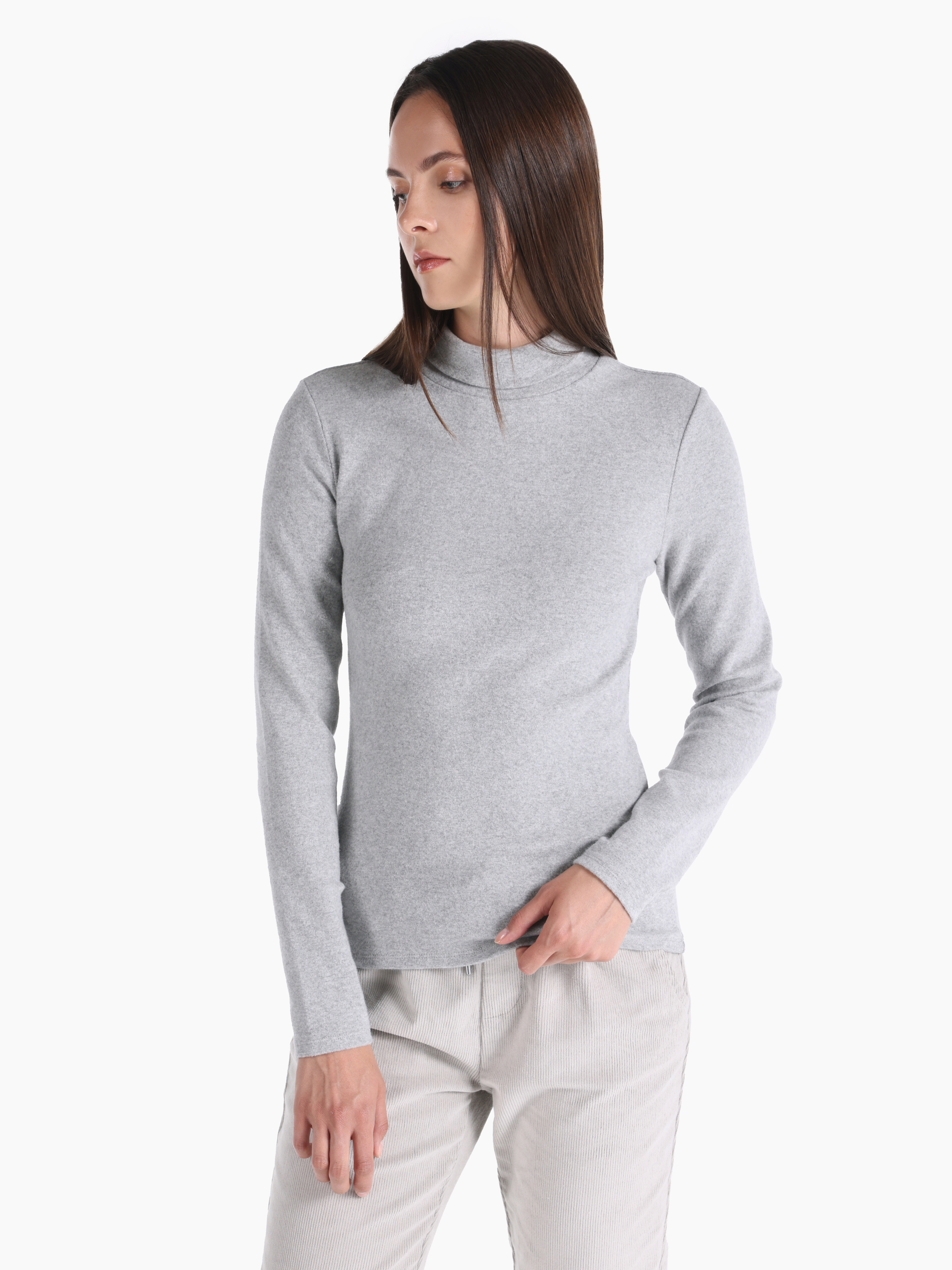 Slim Fit Balıkçı Yaka Düz Kadın Gri Uzun Kol Tişört