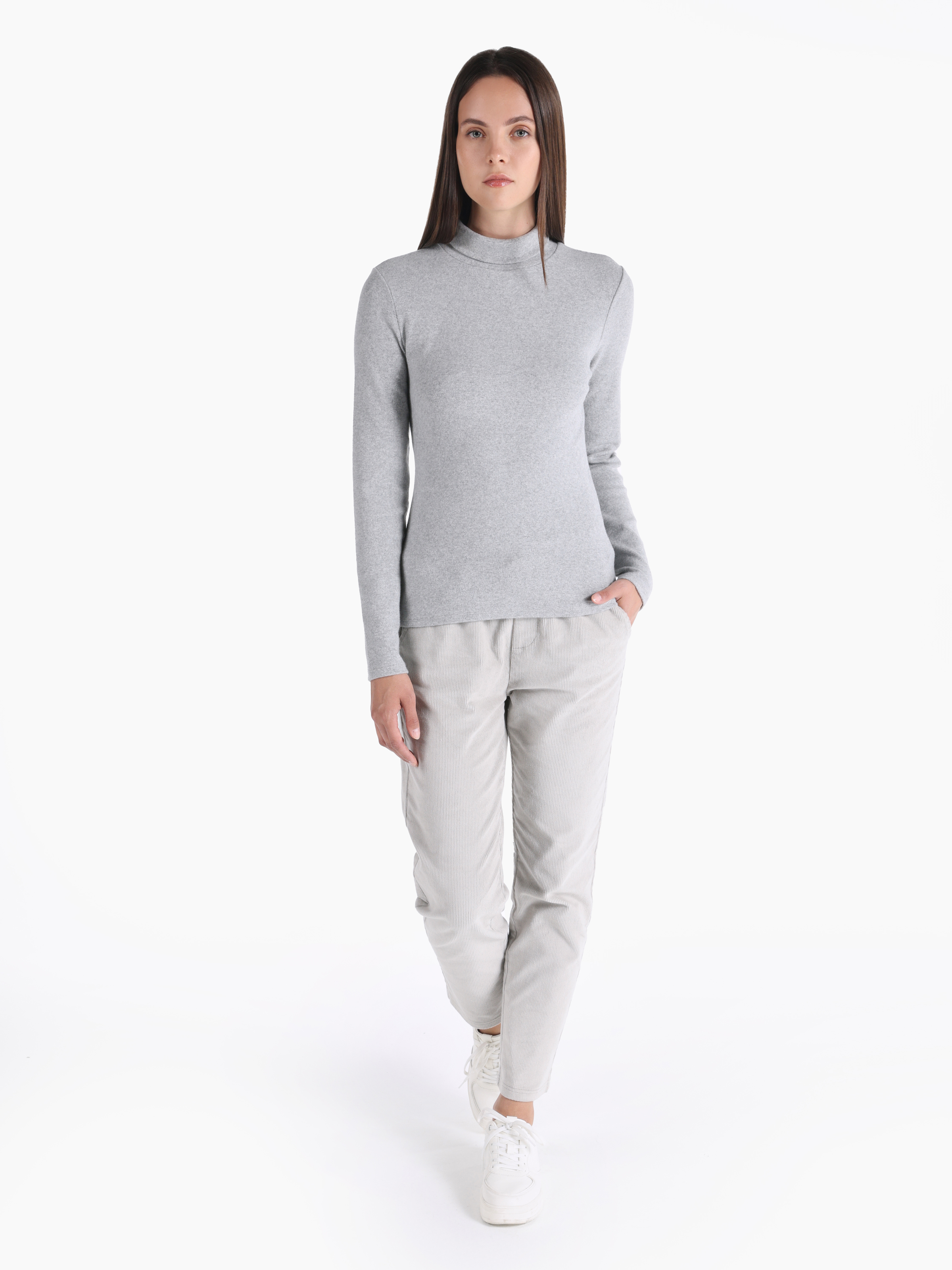 Slim Fit Balıkçı Yaka Düz Kadın Gri Uzun Kol Tişört