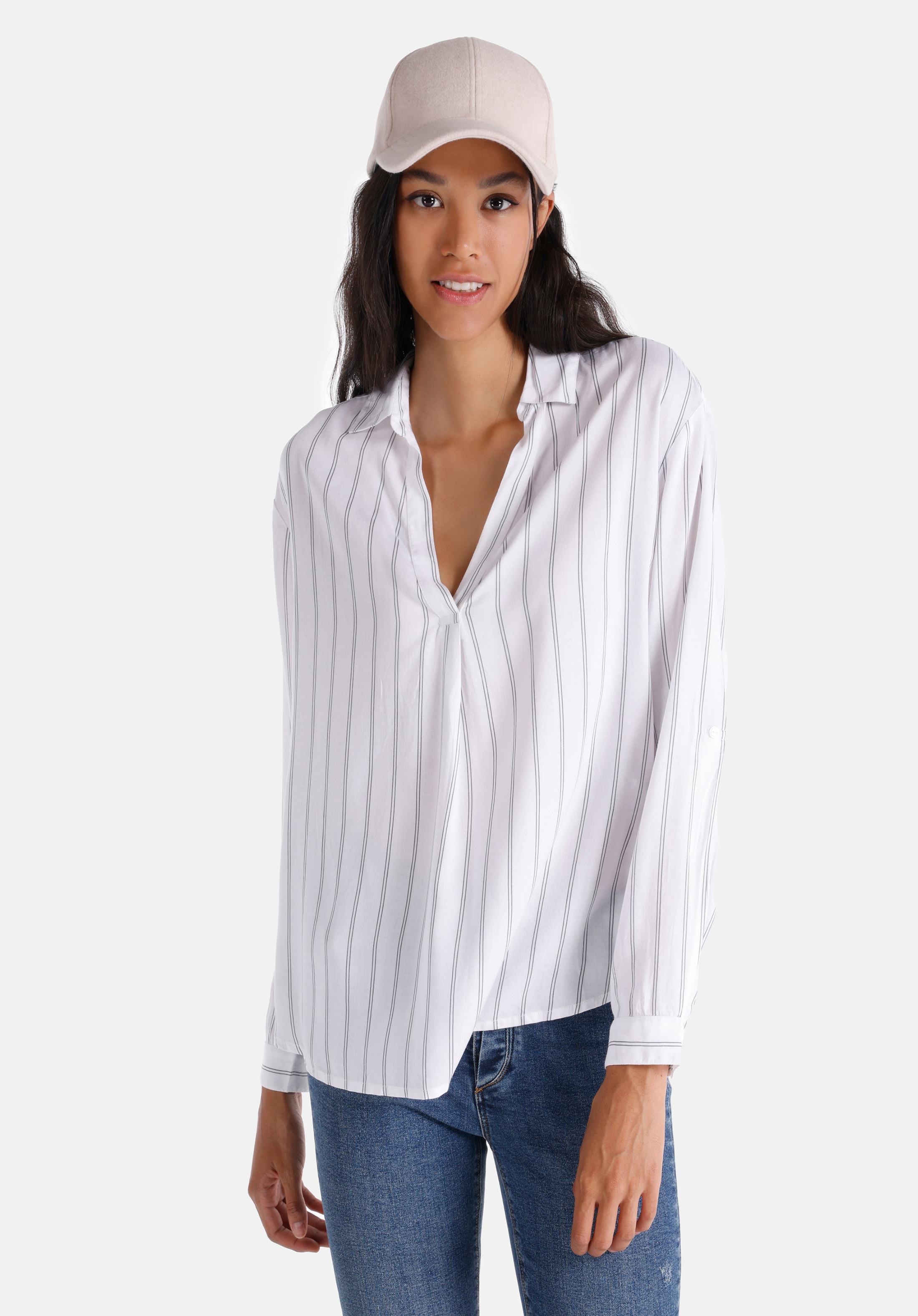 Regular Fit Shirt Neck  Kadın Beyaz Roll-up Gömlek