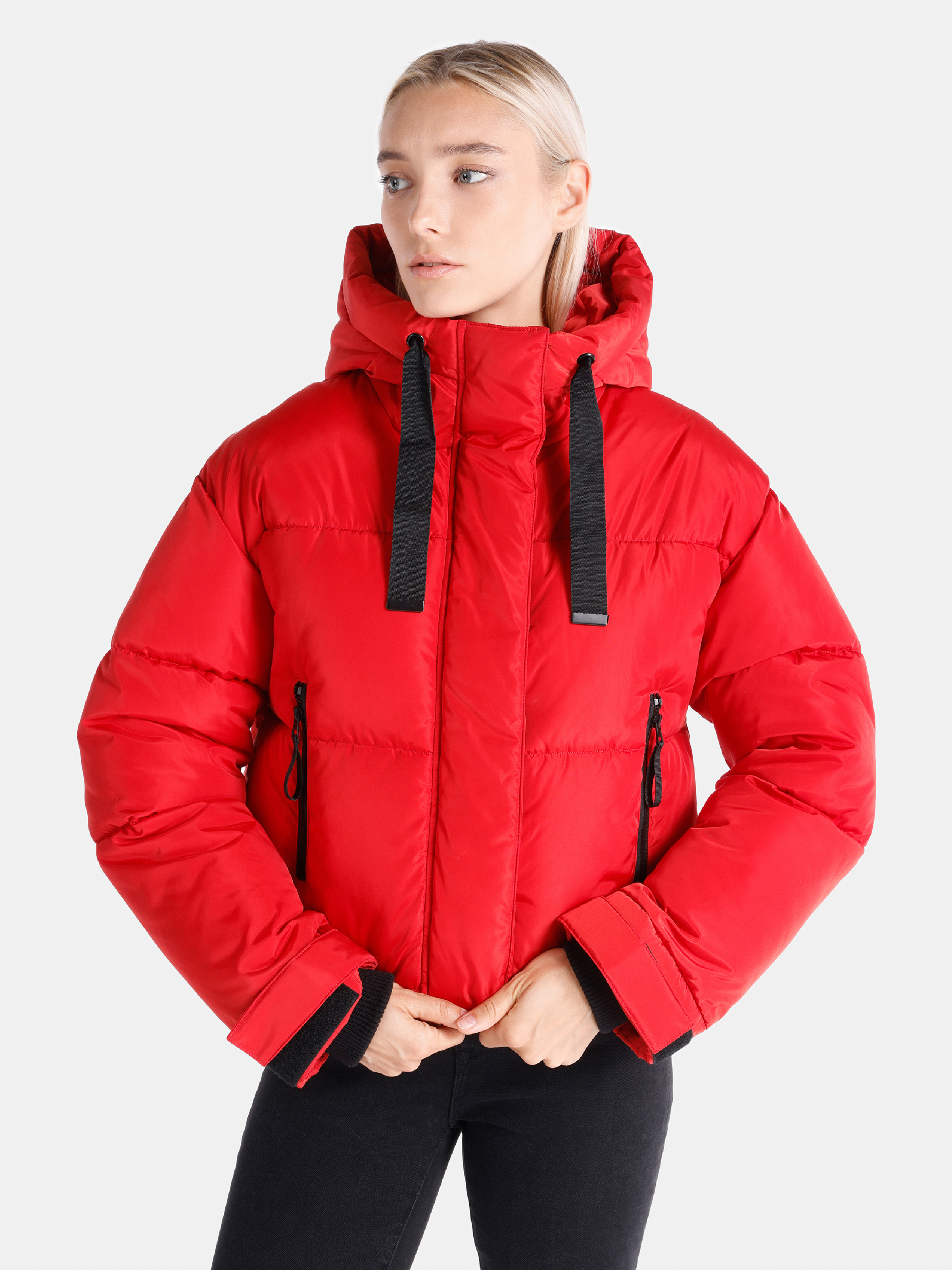 Regular Fit Kapüşonlu Fermuarlı Astarlı  Kadın Kirmizi Mont