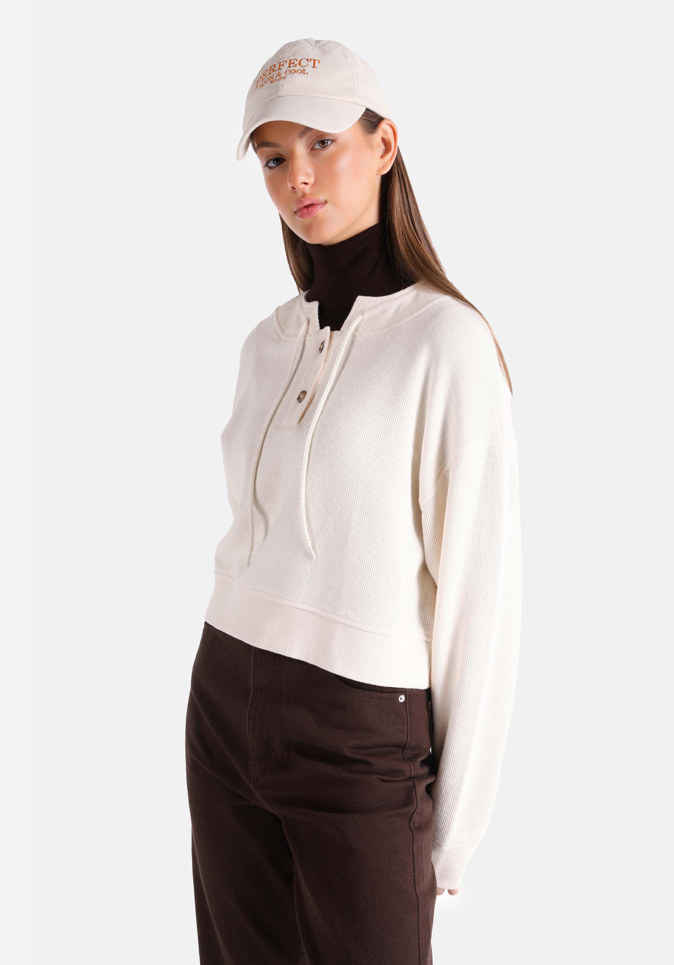 Regular Fit Placket Neck Düz Kadın Ekru Uzun Kol Tişört