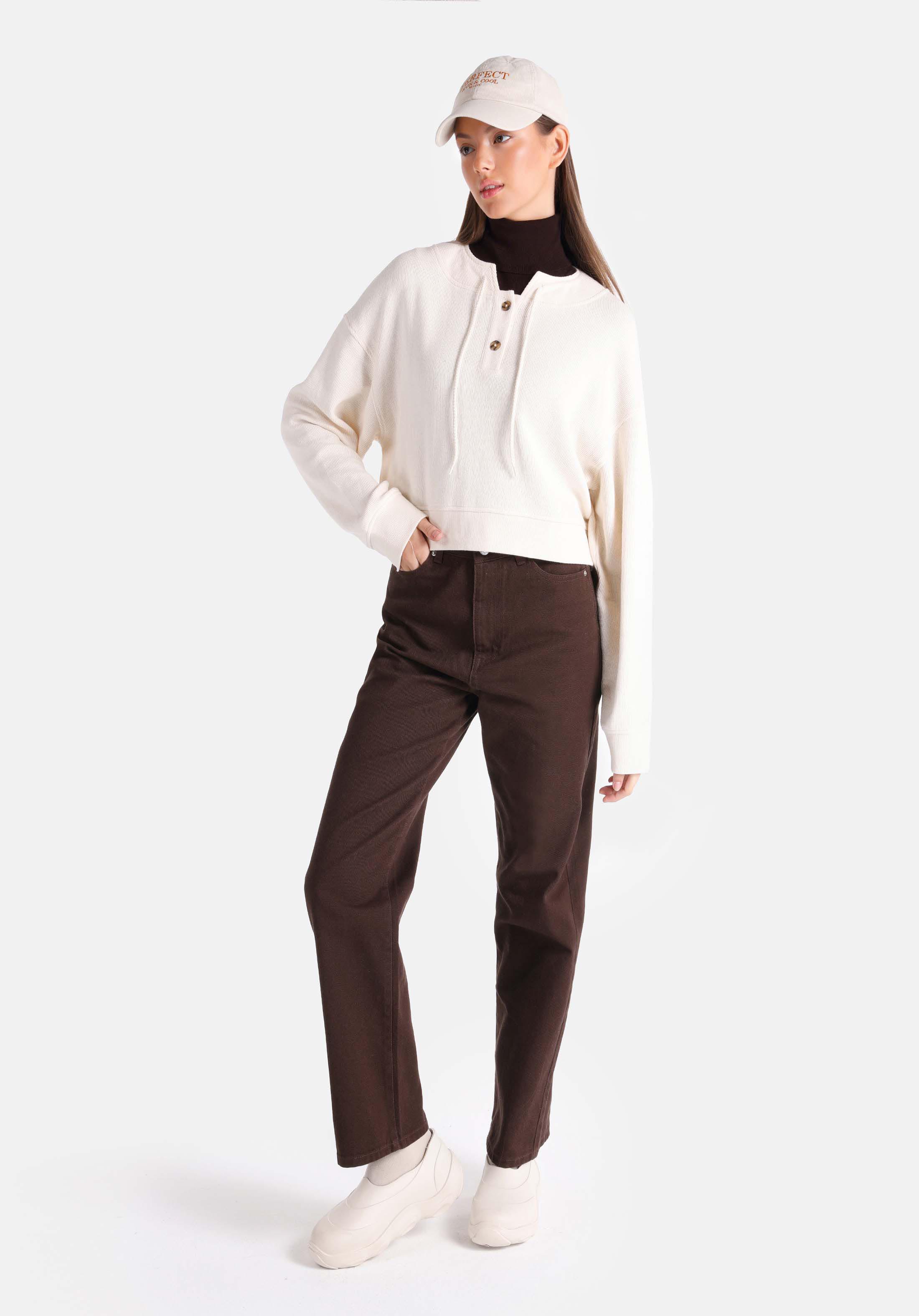 Regular Fit Placket Neck Düz Kadın Ekru Uzun Kol Tişört