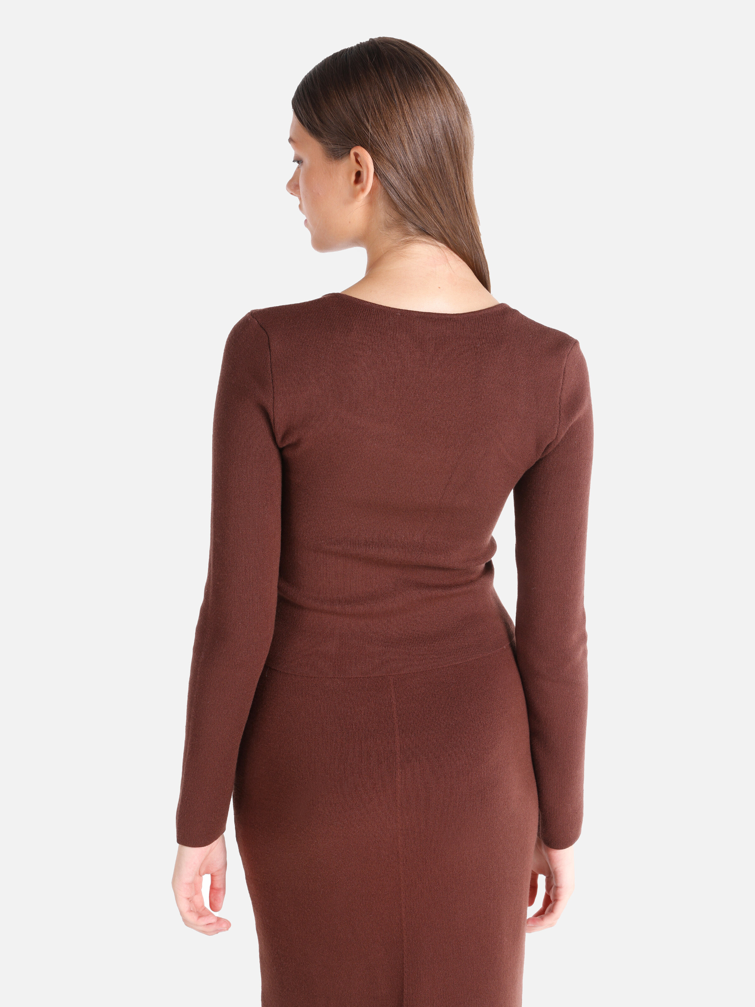 Slim Fit Kare Yaka Düz Kadın Kahverengi Kazak