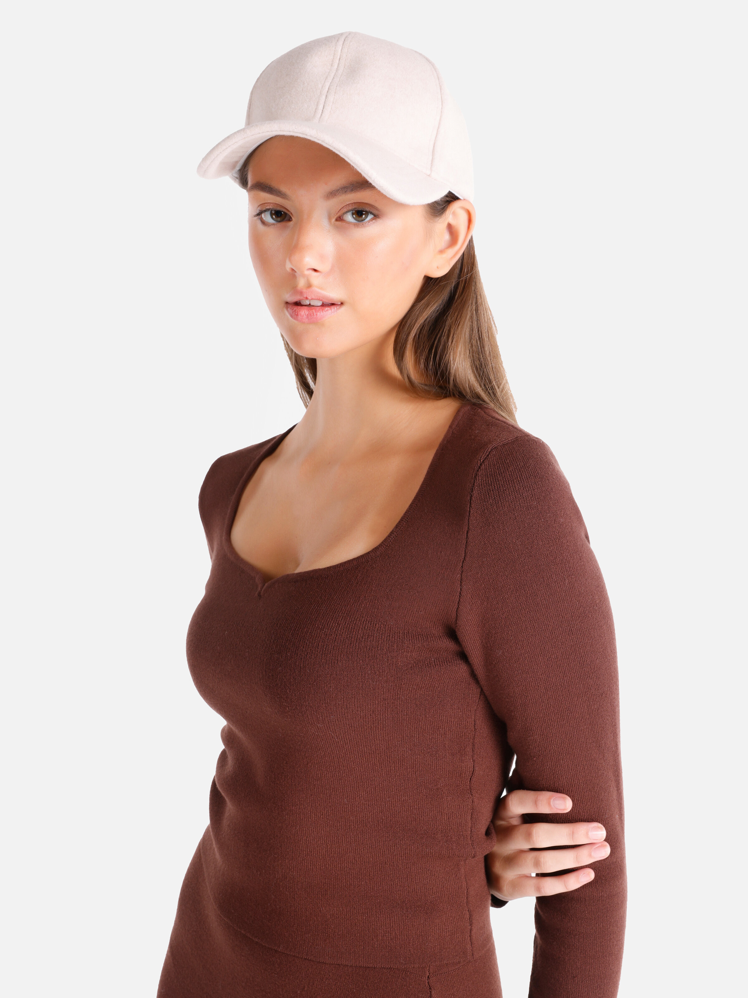 Slim Fit Kare Yaka Düz Kadın Kahverengi Kazak