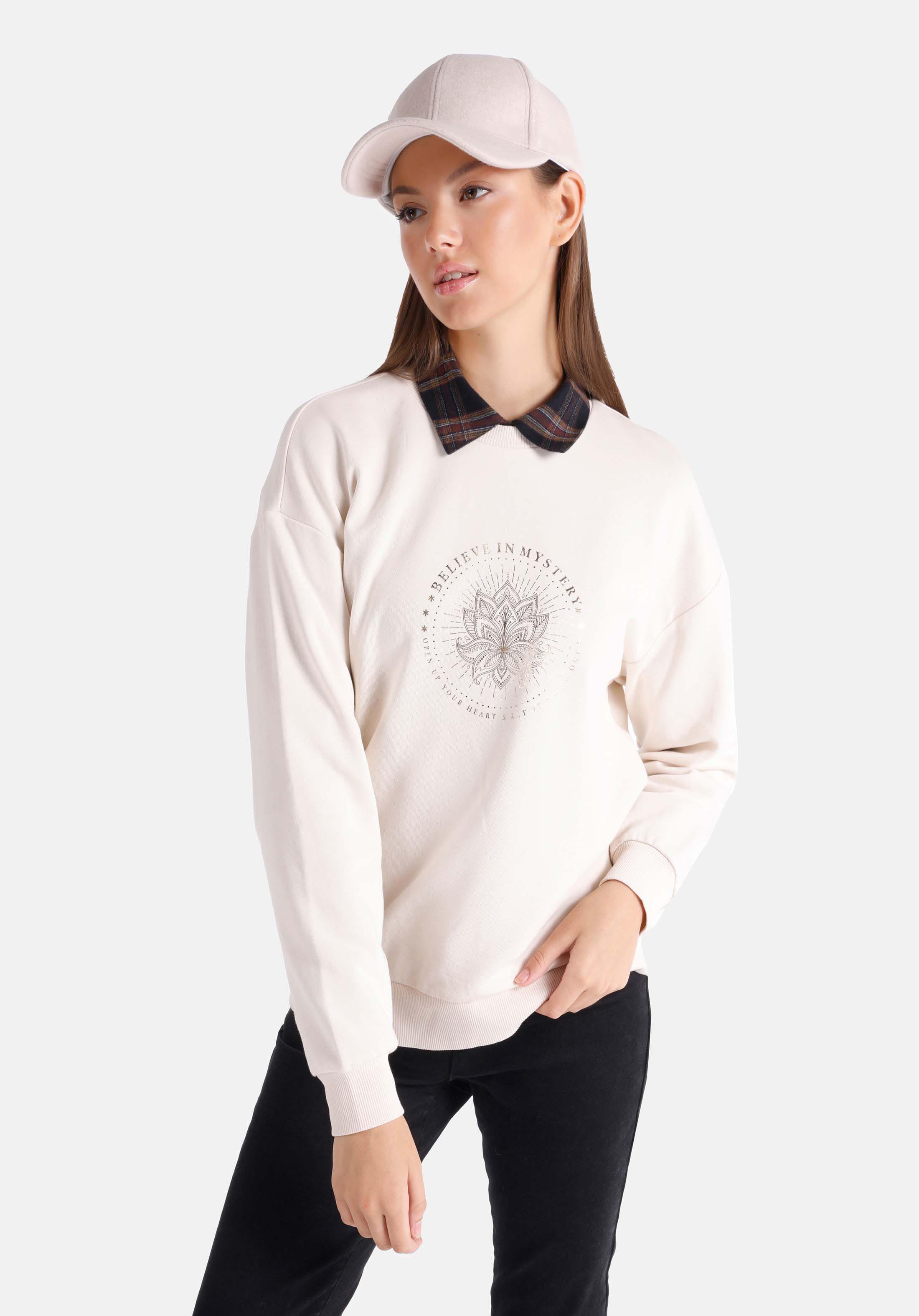 Regular Fit Yuvarlak Yaka Baskılı Kadın Bej Sweatshirt