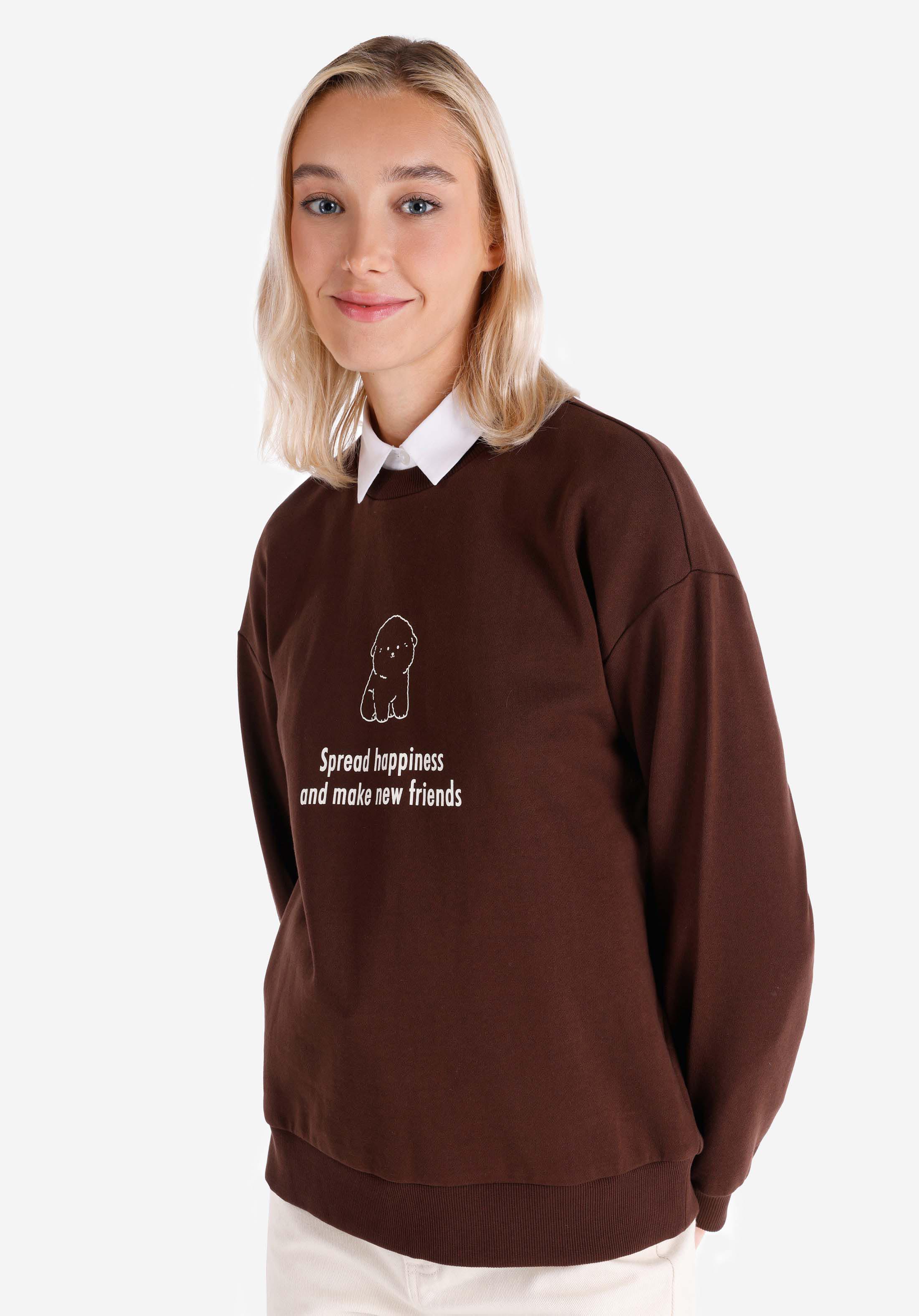 Regular Fit Yuvarlak Yaka Baskılı Kadın Kahverengi Sweatshirt