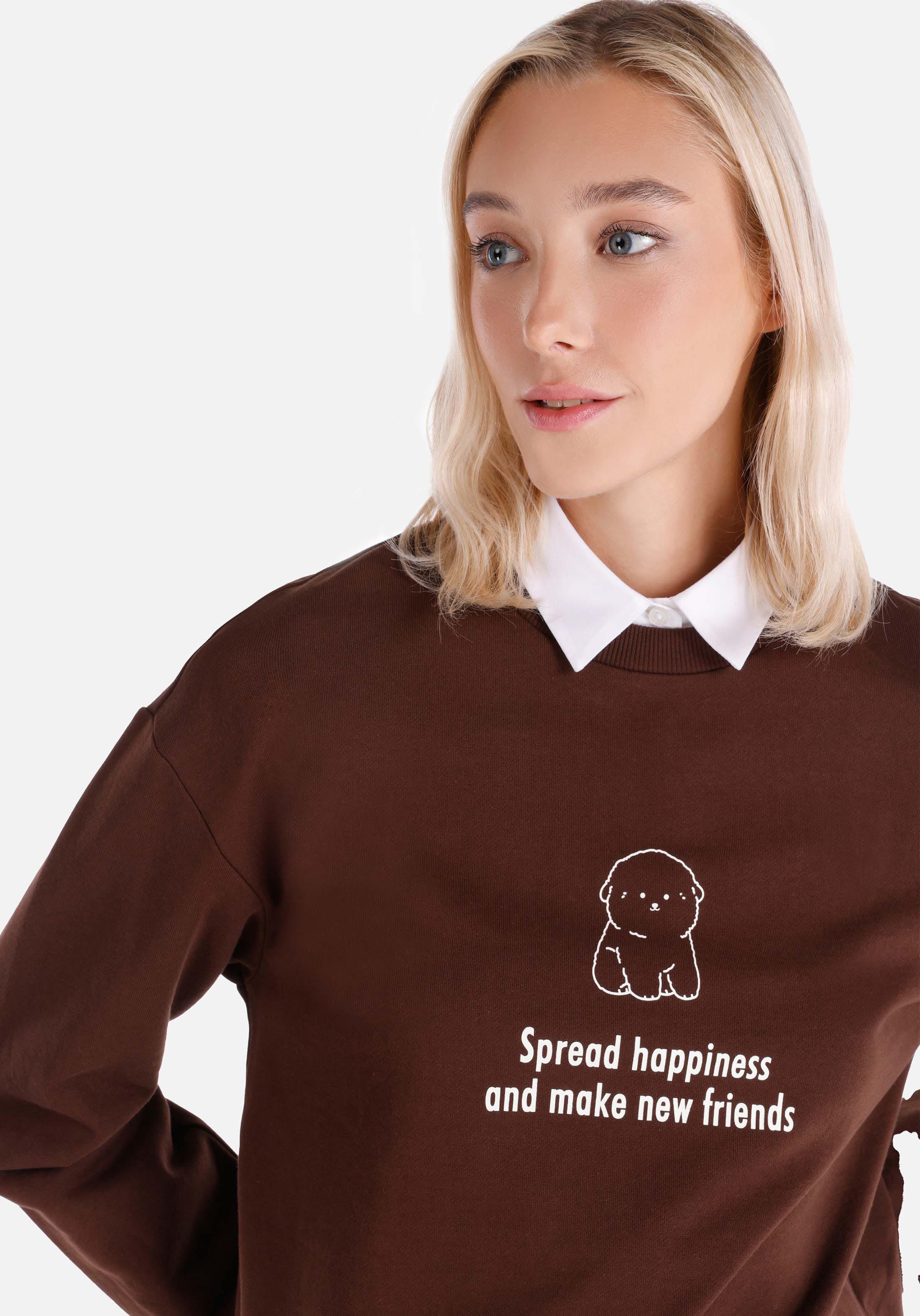 Regular Fit Yuvarlak Yaka Baskılı Kadın Kahverengi Sweatshirt