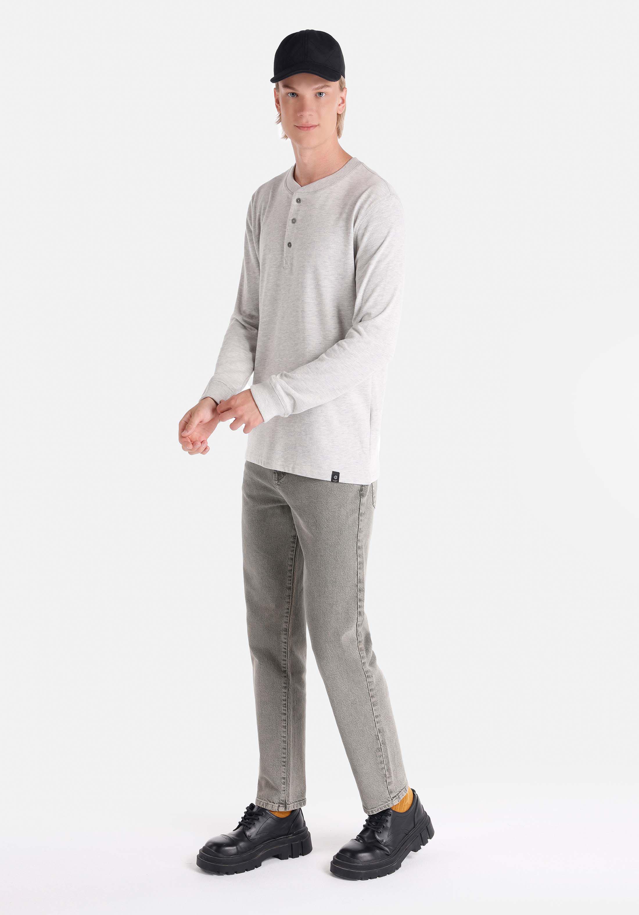 Slim Fit Düğmeli Yaka Düz Erkek Beyaz Uzun Kol Tişört