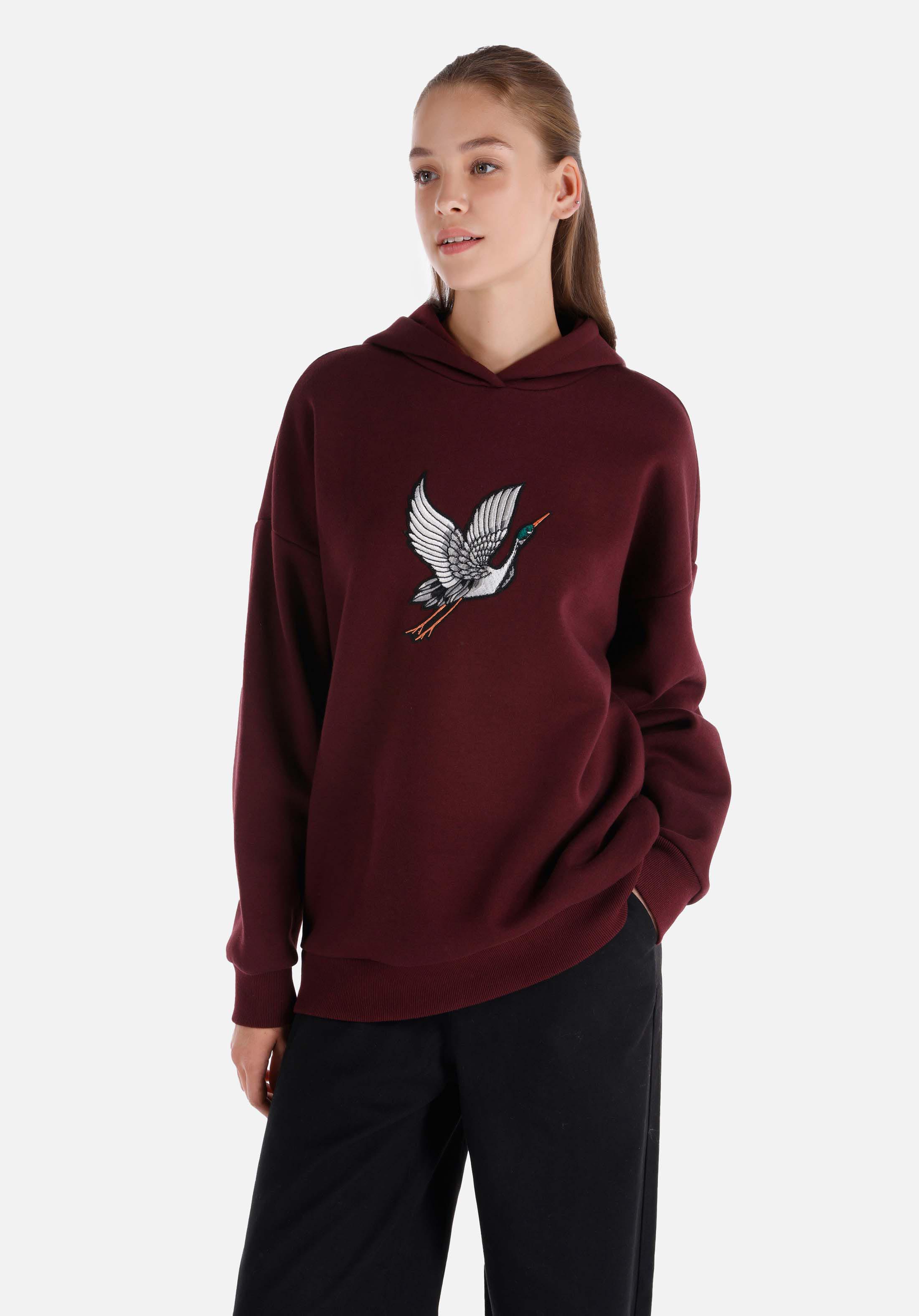 Comfort Fit Kapüşonlu Nakışlı Kadın Bordo Sweatshirt