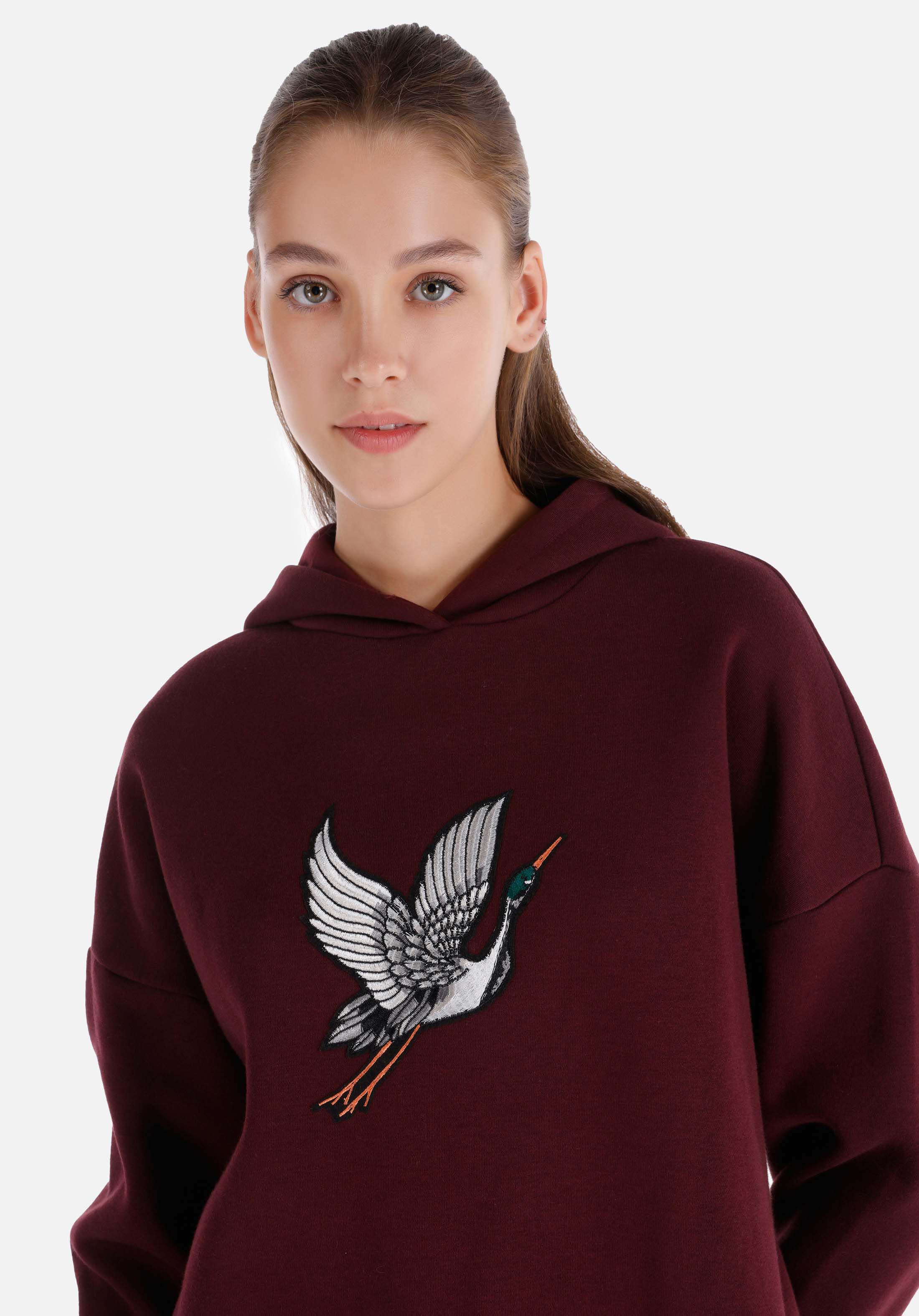 Comfort Fit Kapüşonlu Nakışlı Kadın Bordo Sweatshirt