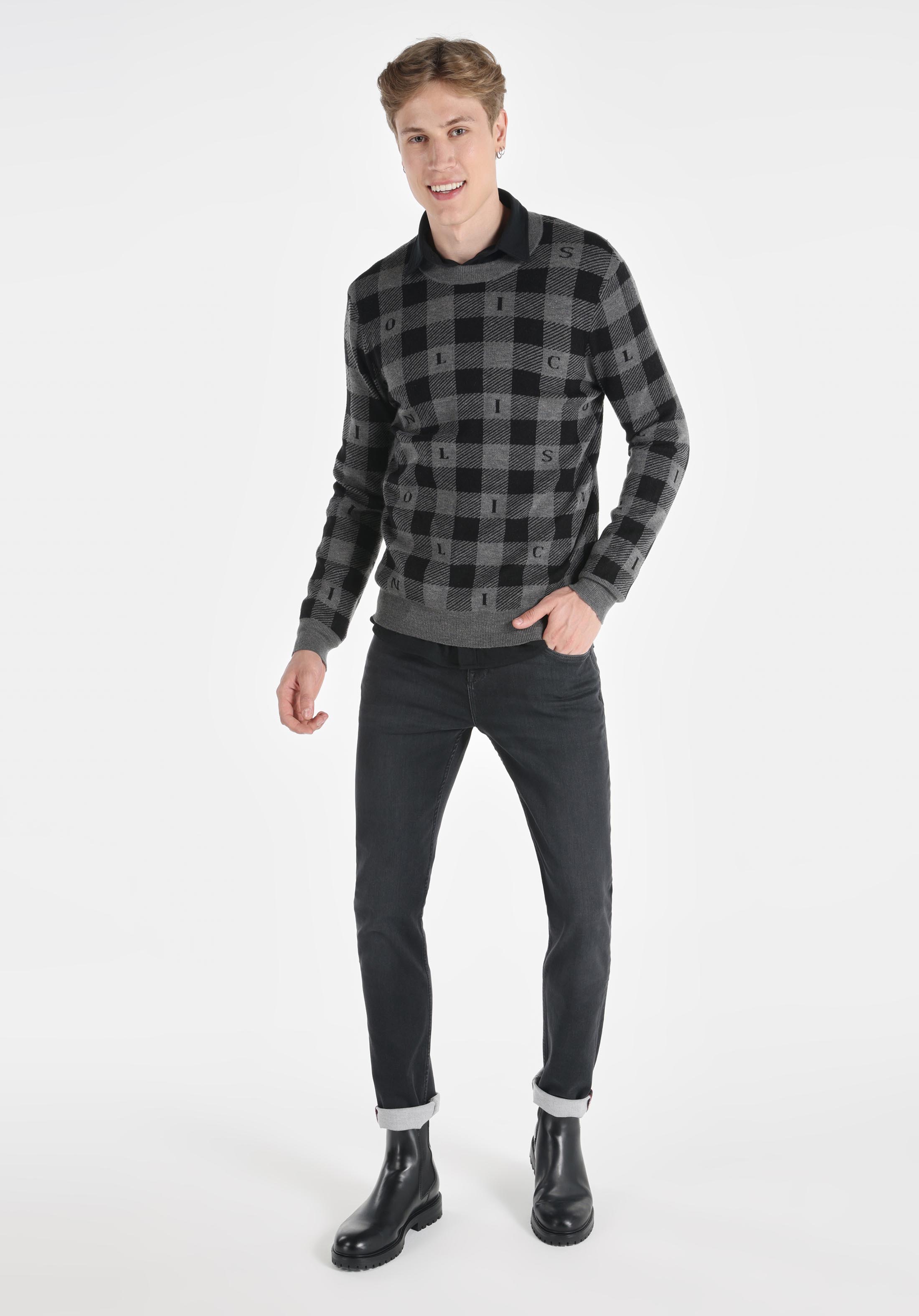 Regular Fit Yuvarlak Yaka Jakarlı Erkek Gri Kazak