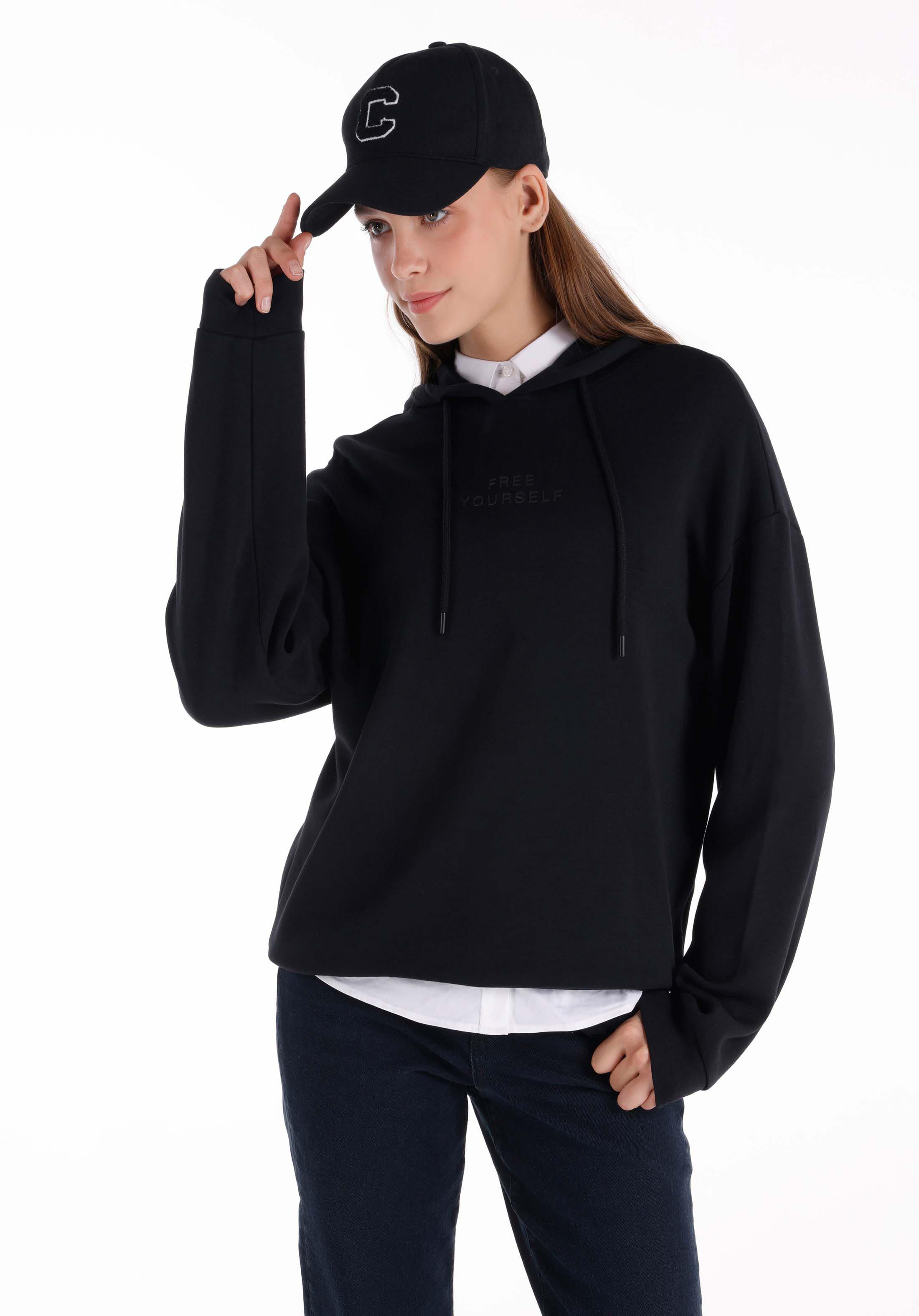 Regular Fit Kapüşonlu Baskılı Kadın Siyah Sweatshirt