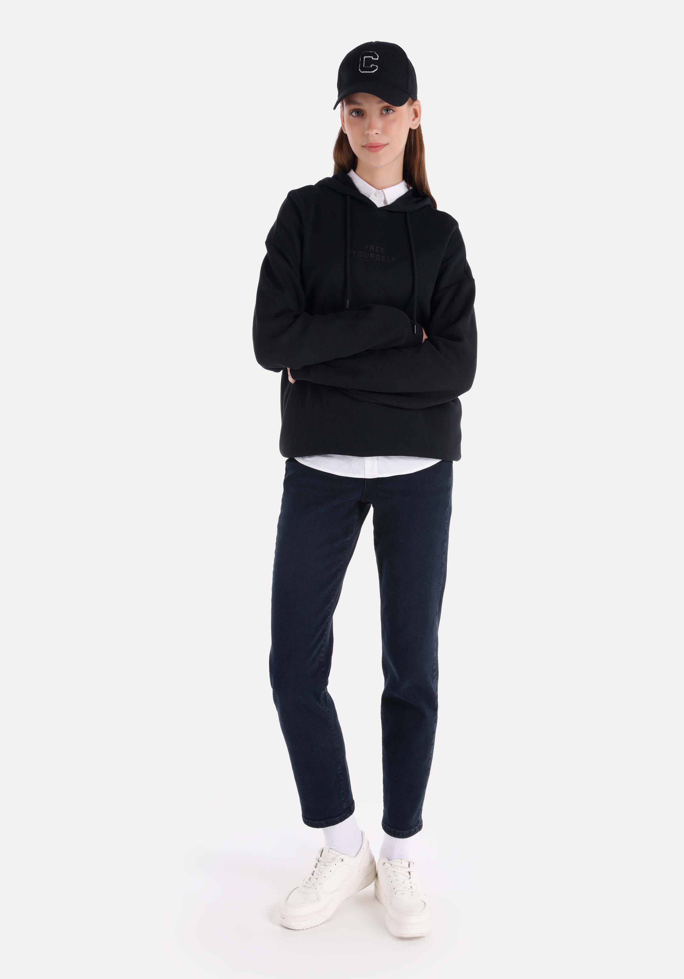 Regular Fit Kapüşonlu Baskılı Kadın Siyah Sweatshirt