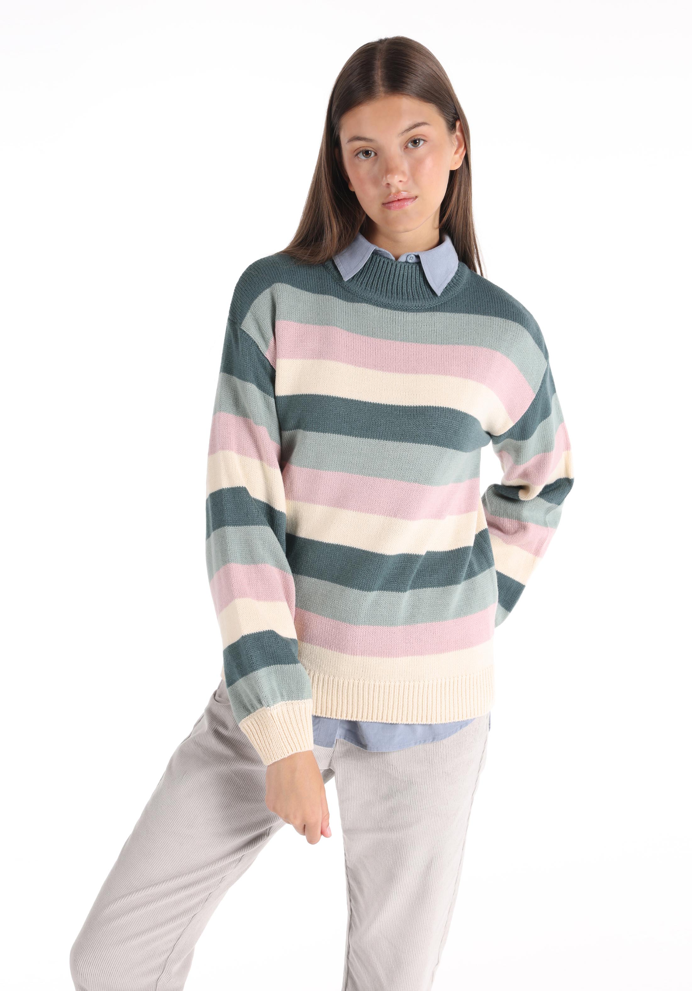 Regular Fit Yuvarlak Yaka Çizgili Kadın Çok Renkli Kazak