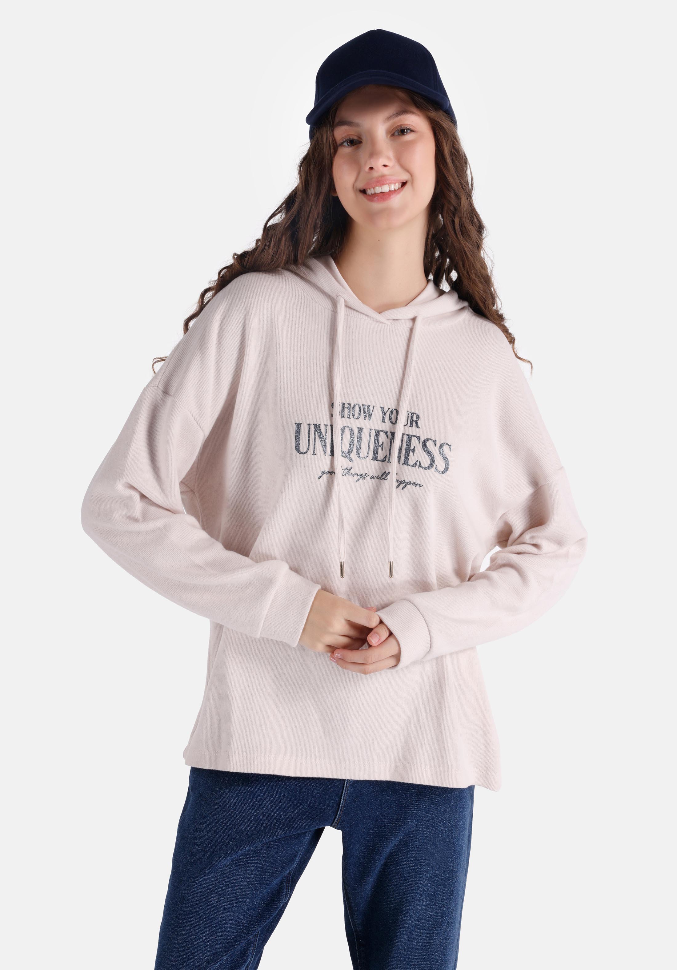 Regular Fit Kapüşonlu Baskılı Kadın Ekru Uzun Kol Tişört