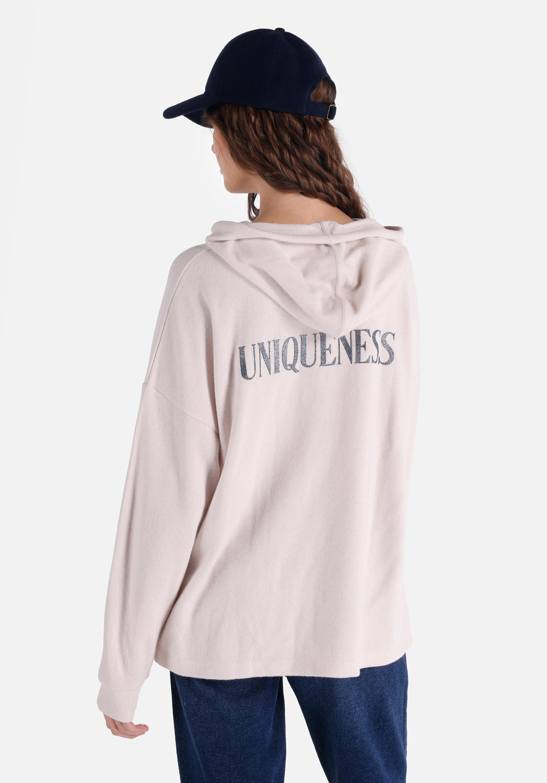 Regular Fit Kapüşonlu Baskılı Kadın Ekru Uzun Kol Tişört