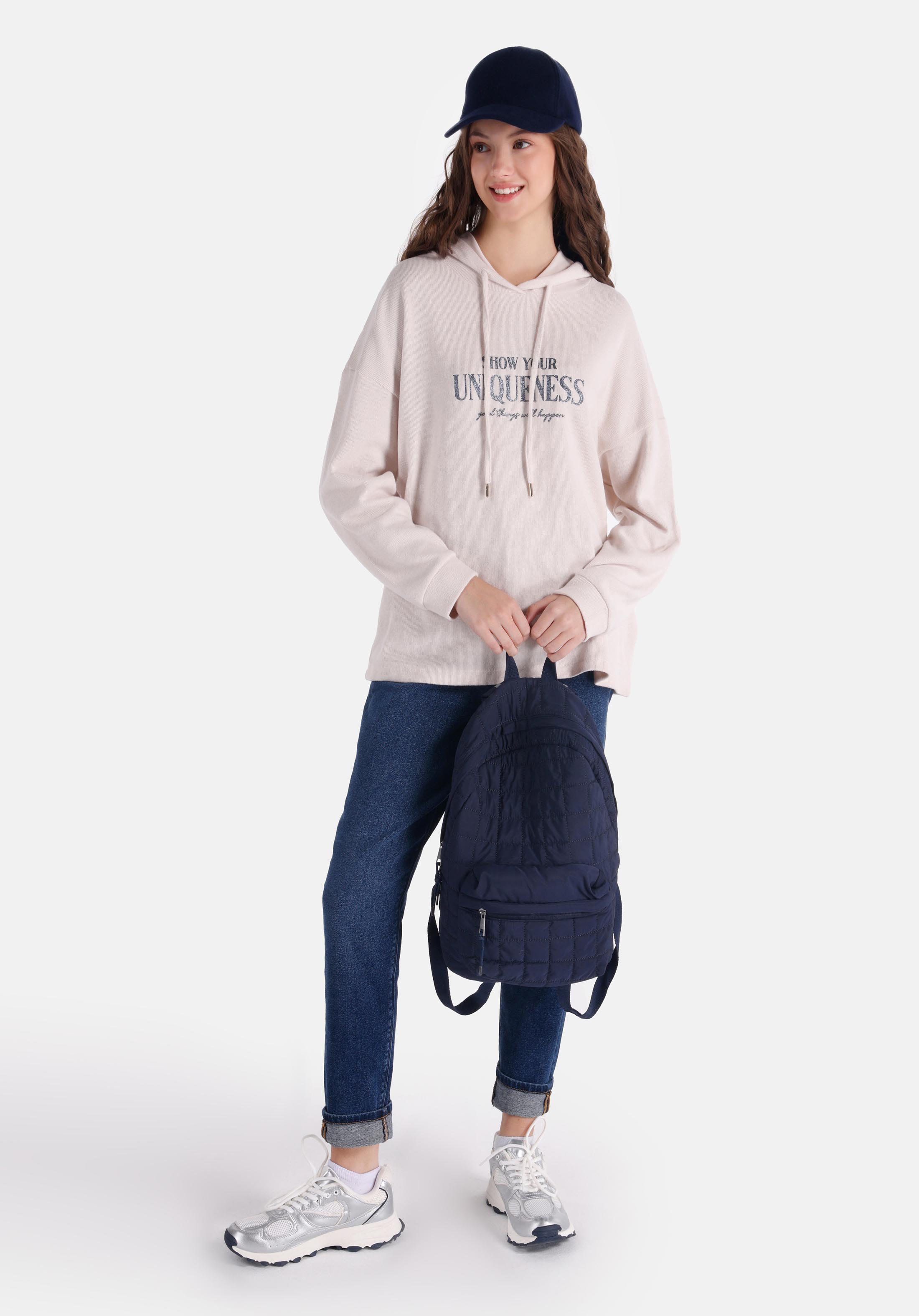 Regular Fit Kapüşonlu Baskılı Kadın Ekru Uzun Kol Tişört