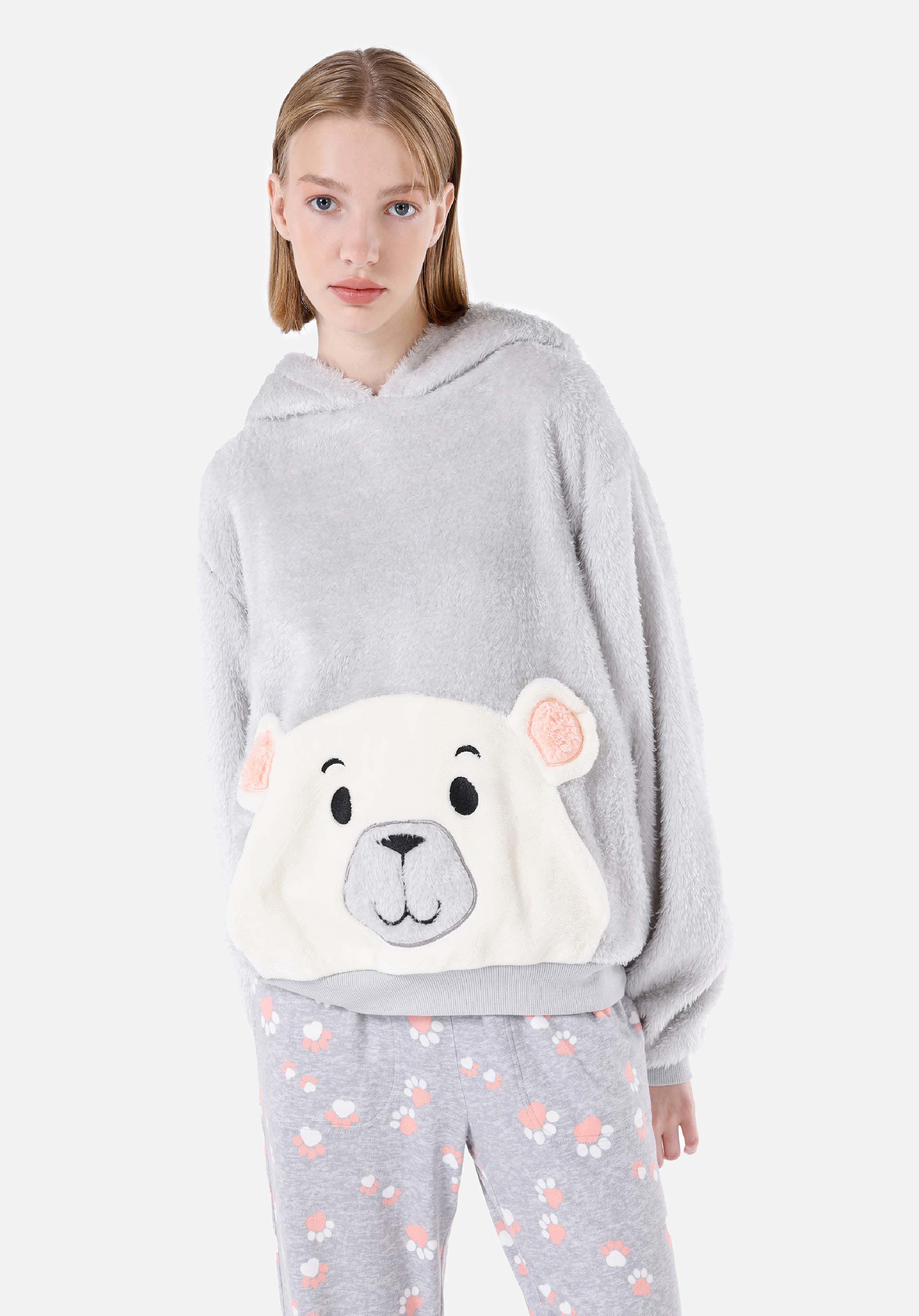 Regular Fit Kapüşonlu Baskılı Kadın Gri Sweatshirt