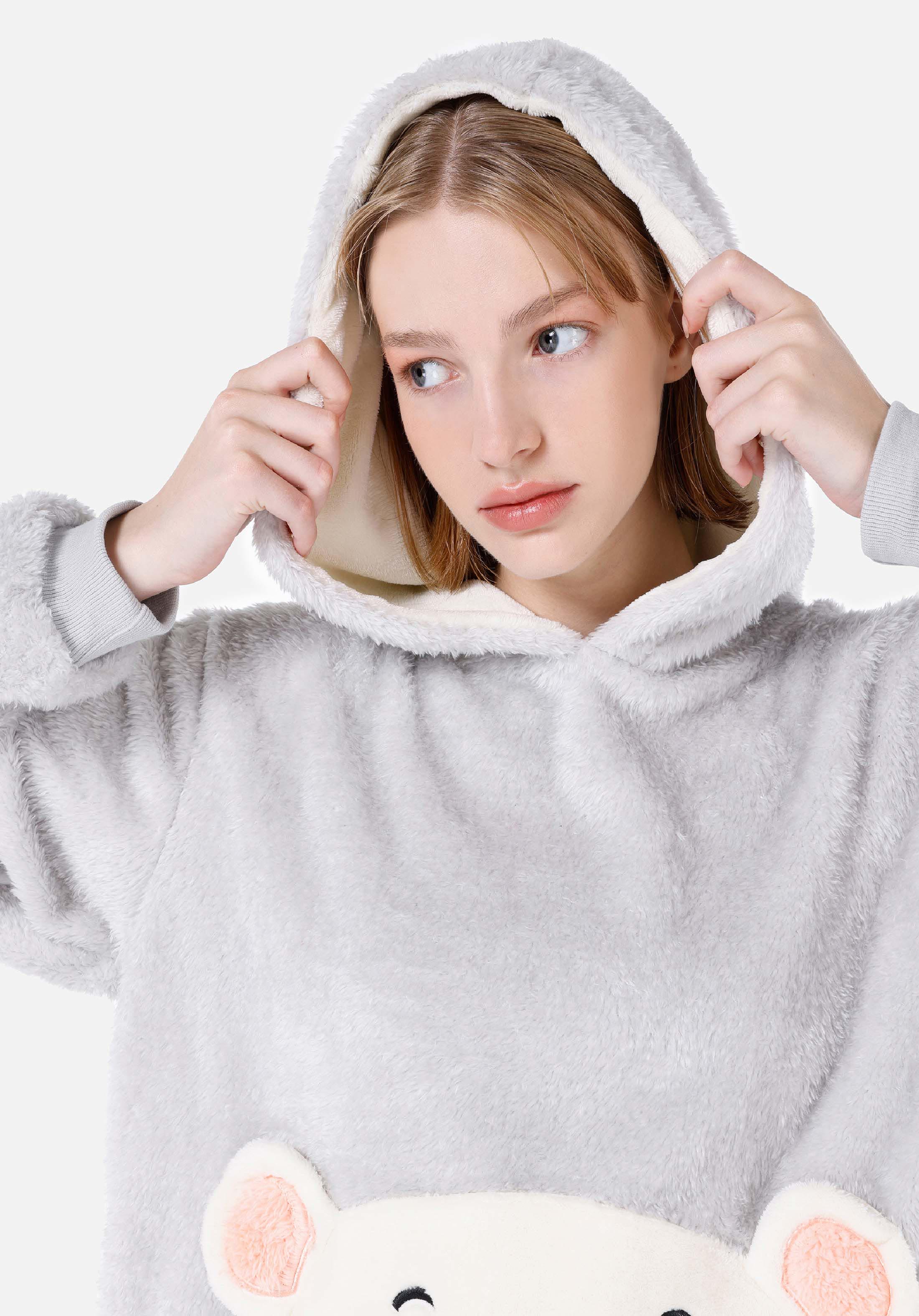 Regular Fit Kapüşonlu Baskılı Kadın Gri Sweatshirt