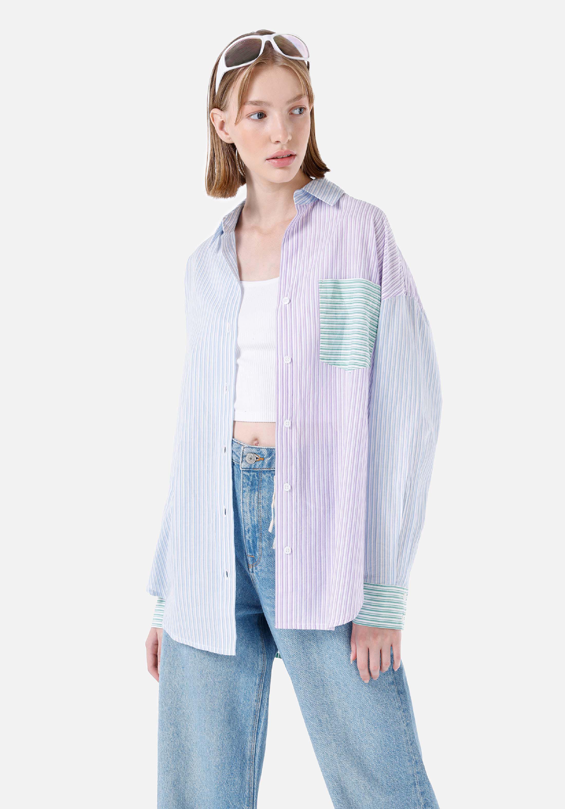 Relaxed Fit Shirt Neck  Kadın Çok Renkli Uzun Kol Gömlek