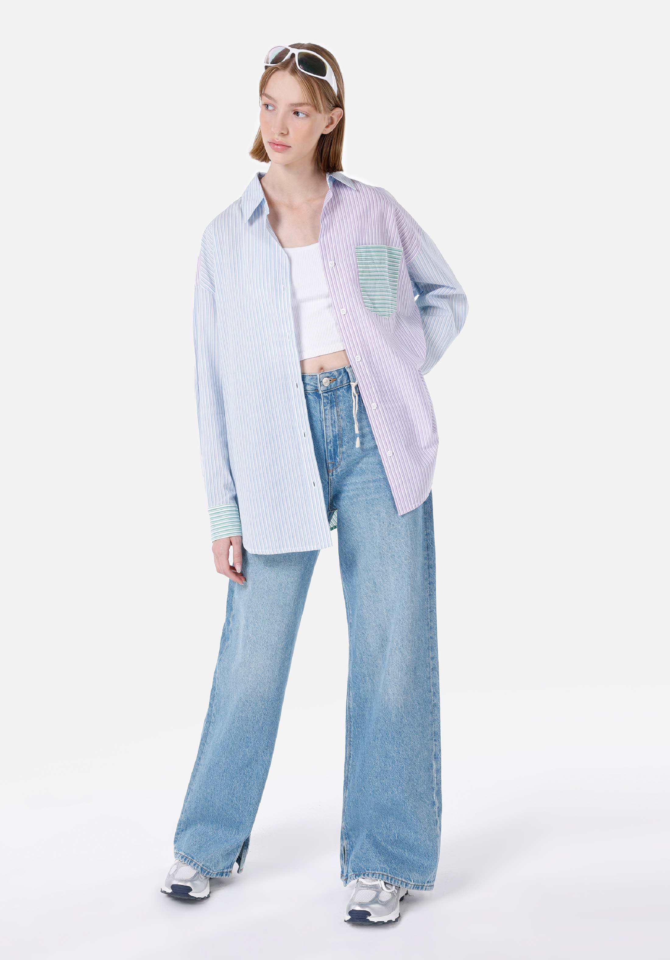 Relaxed Fit Shirt Neck  Kadın Çok Renkli Uzun Kol Gömlek