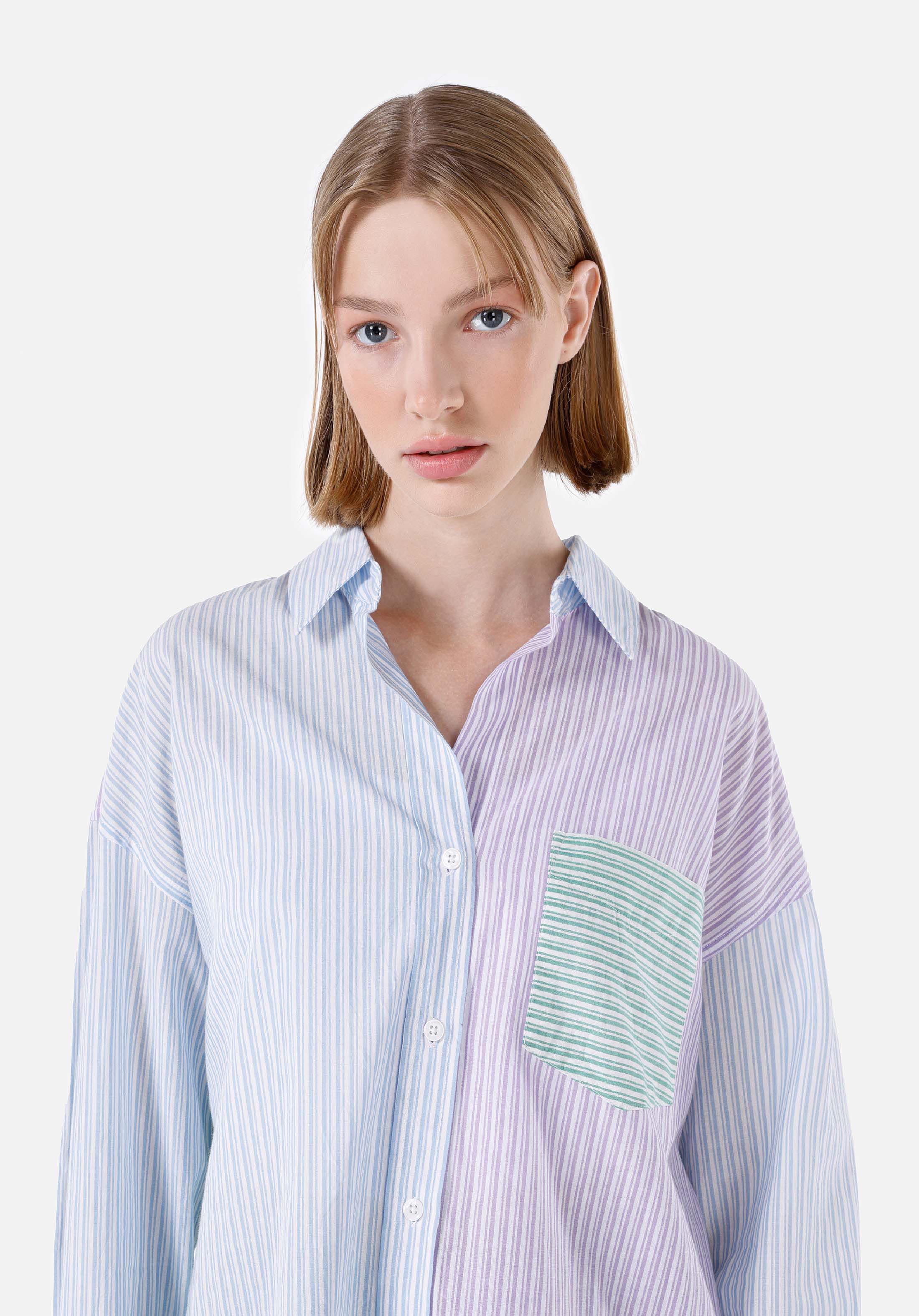 Relaxed Fit Shirt Neck  Kadın Çok Renkli Uzun Kol Gömlek