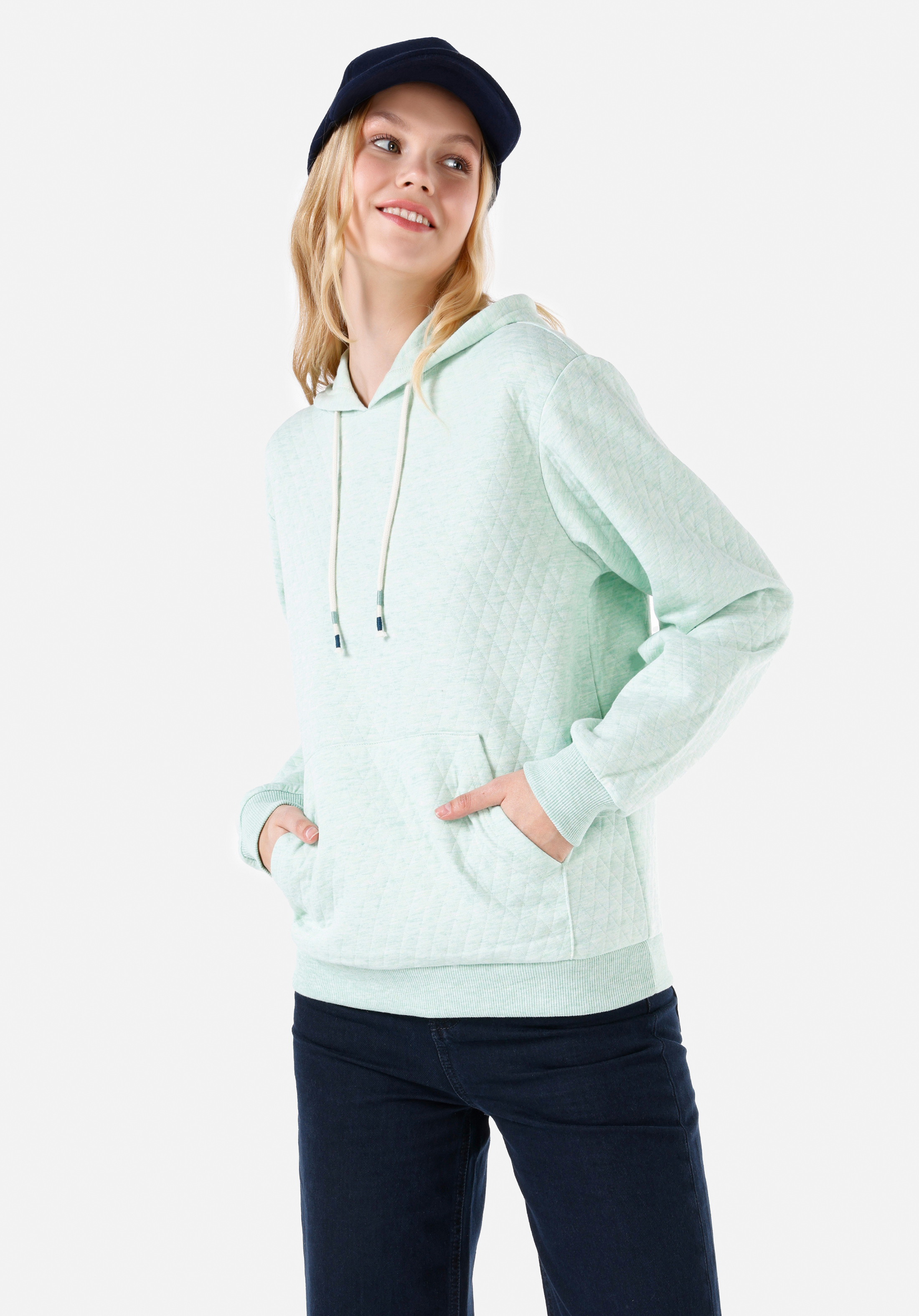Regular Fit Kapüşonlu Düz Kadın Yeşil Sweatshirt