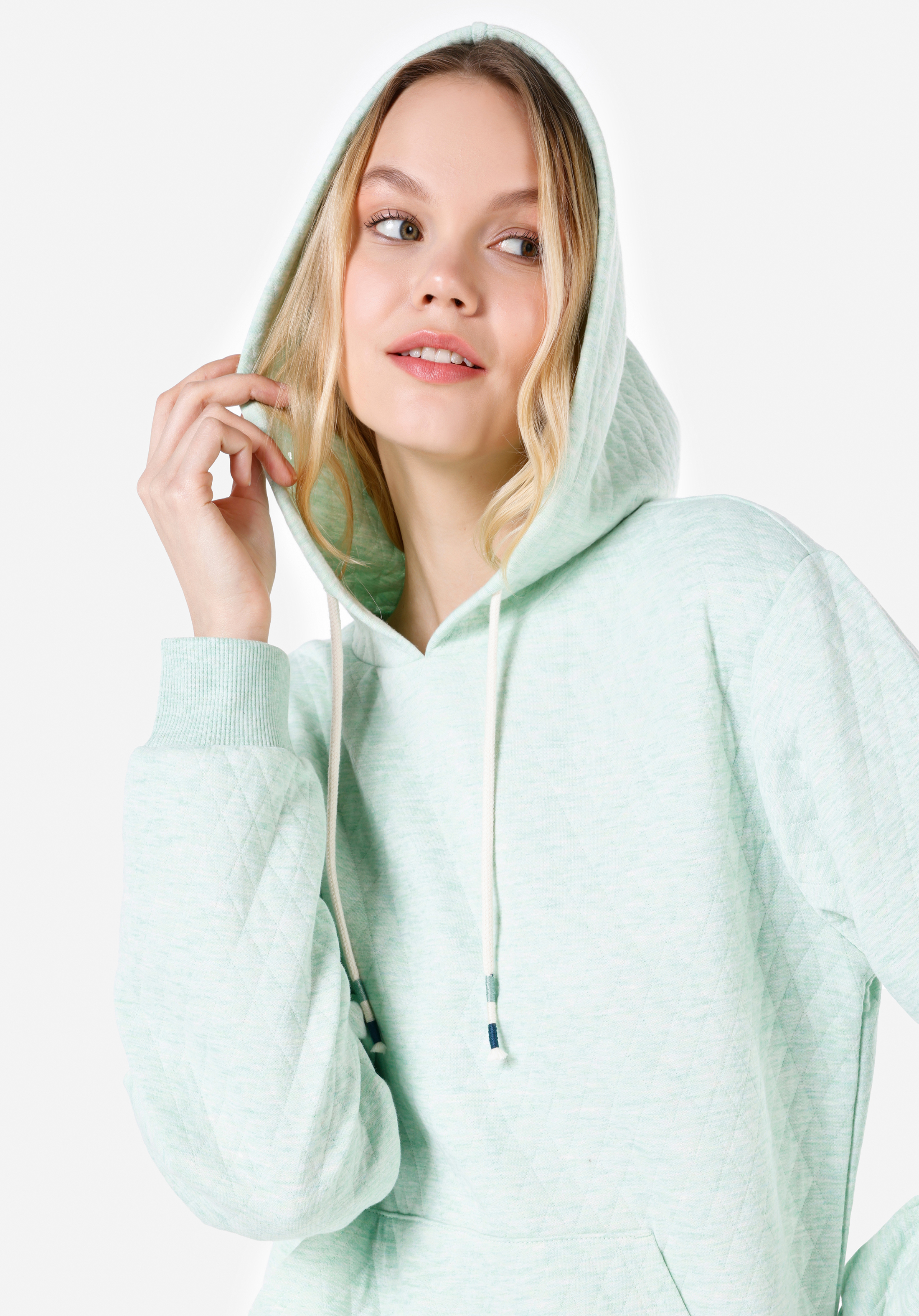 Regular Fit Kapüşonlu Düz Kadın Yeşil Sweatshirt
