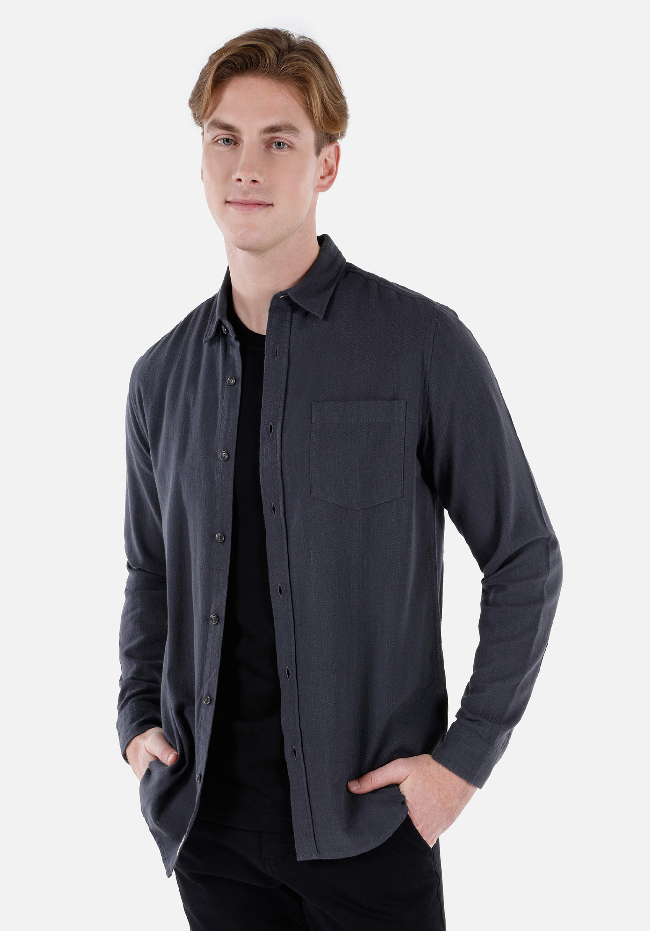 Regular Fit Shirt Neck Düz Erkek Antrasit Uzun Kol Gömlek