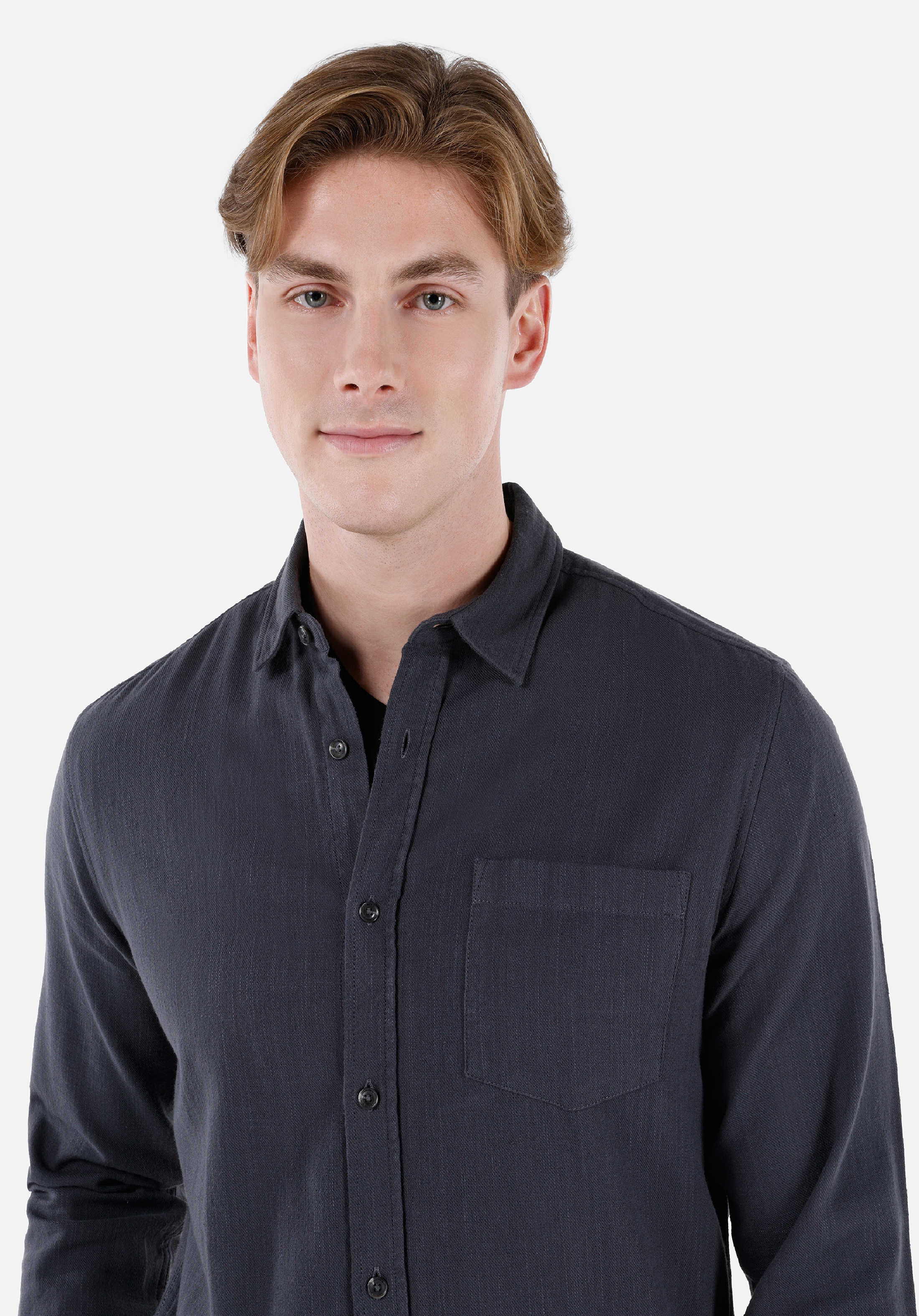 Regular Fit Shirt Neck Düz Erkek Antrasit Uzun Kol Gömlek