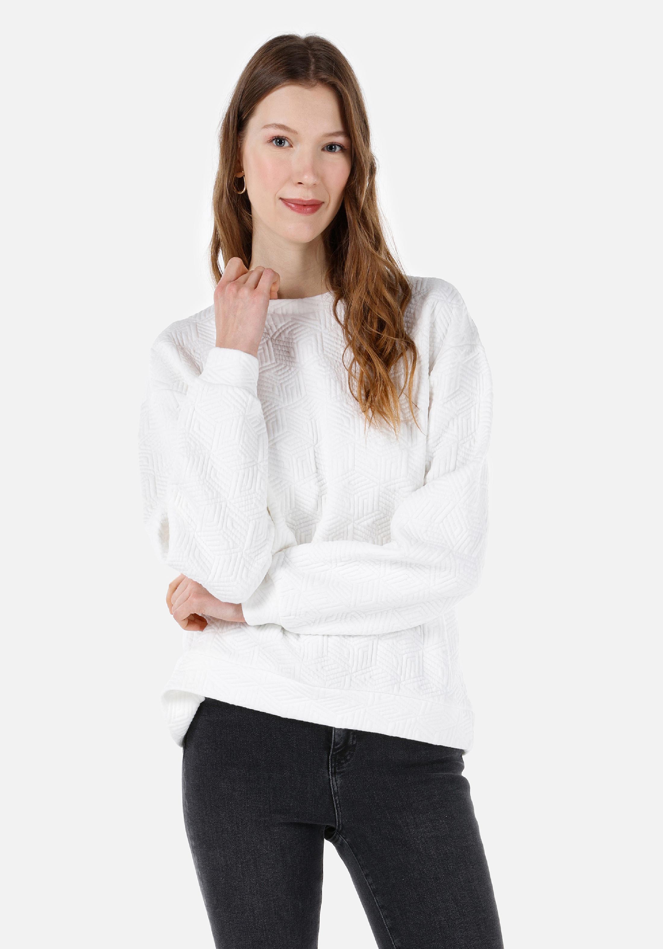 Regular Fit Yuvarlak Yaka Jakarlı Kadın Beyaz Sweatshirt