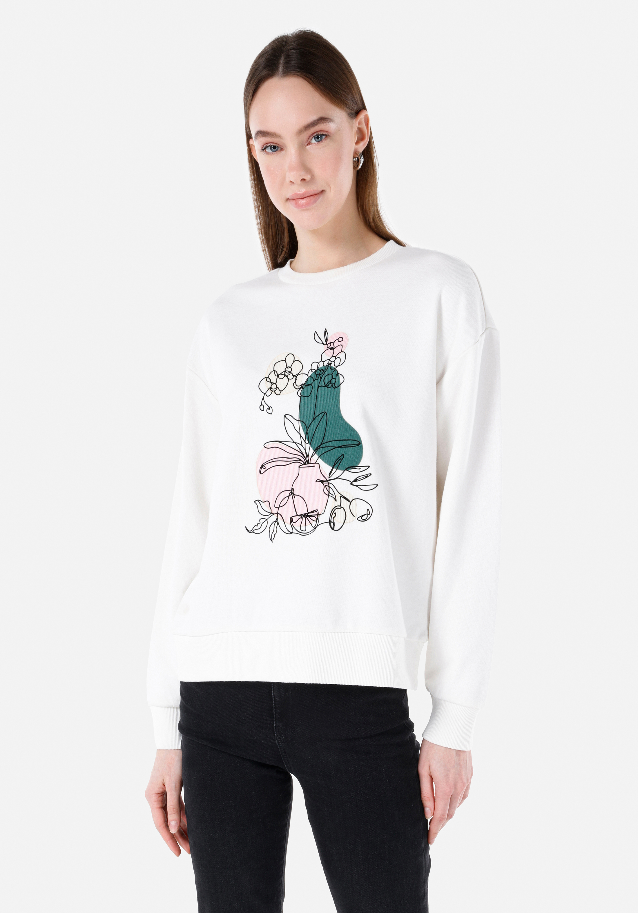 Regular Fit Yuvarlak Yaka Baskılı Kadın Beyaz Sweatshirt