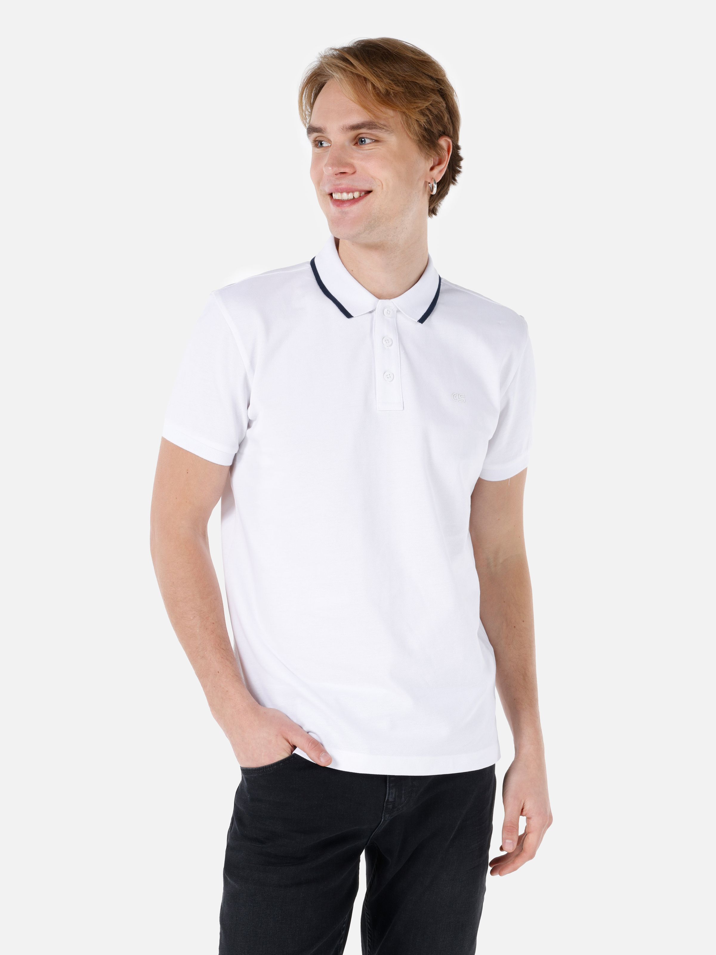 Regular Fit Polo Yaka Düz Erkek Beyaz Kısa Kol Tişört