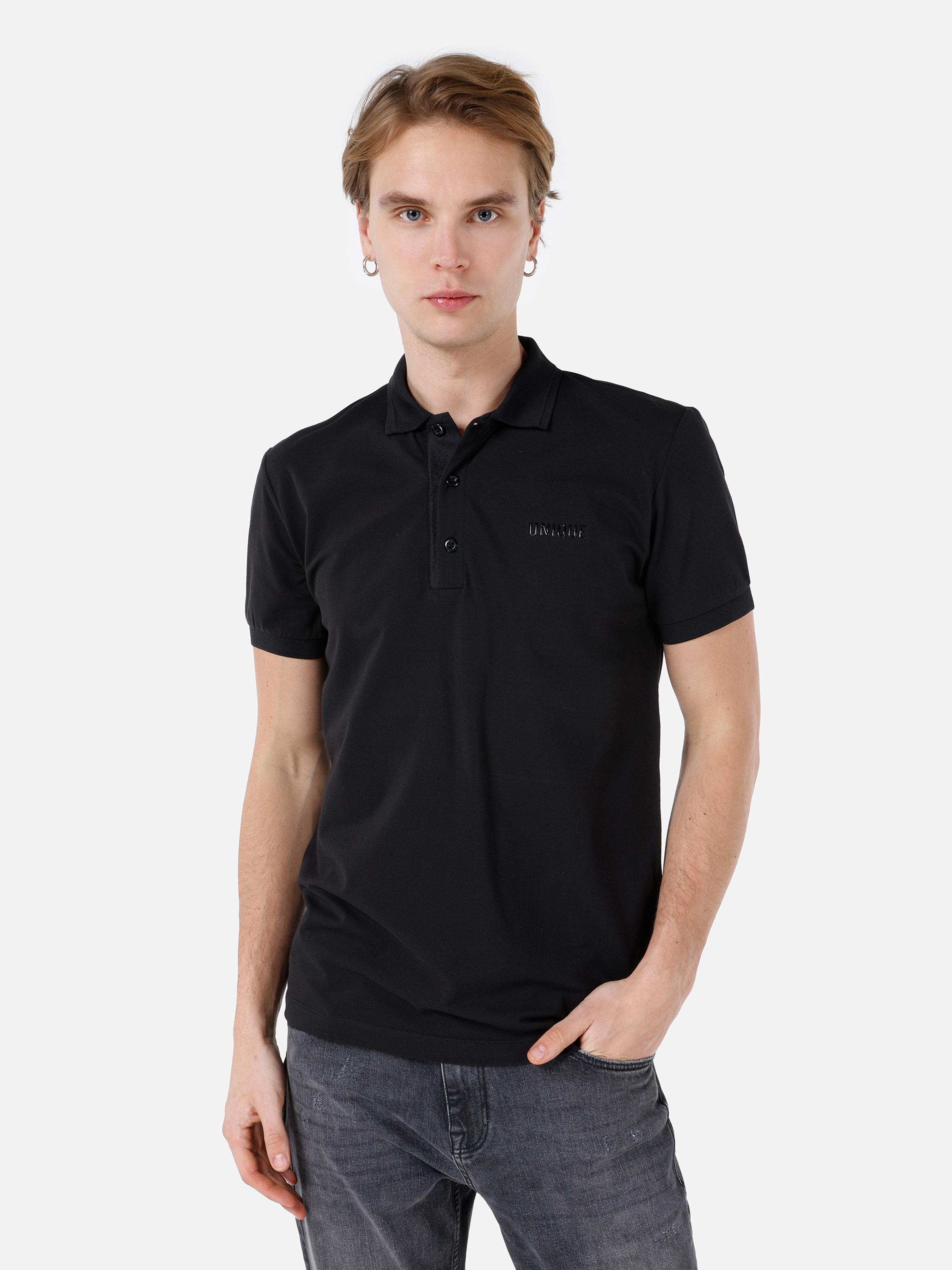 Regular Fit Polo Yaka Düz Erkek Siyah Kısa Kol Tişört