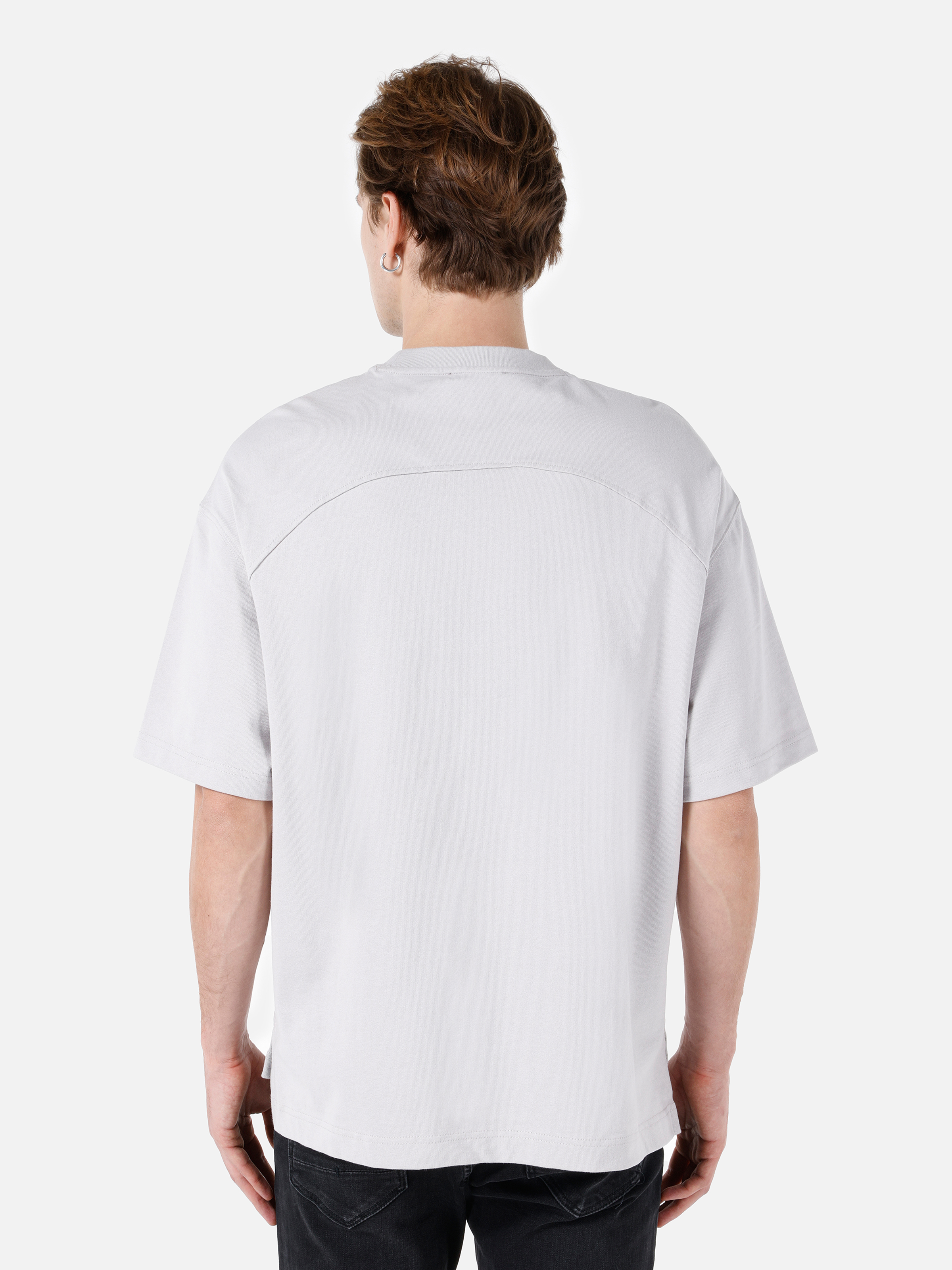 Oversize Fit Yuvarlak Yaka Düz Erkek Gri Kısa Kol Tişört