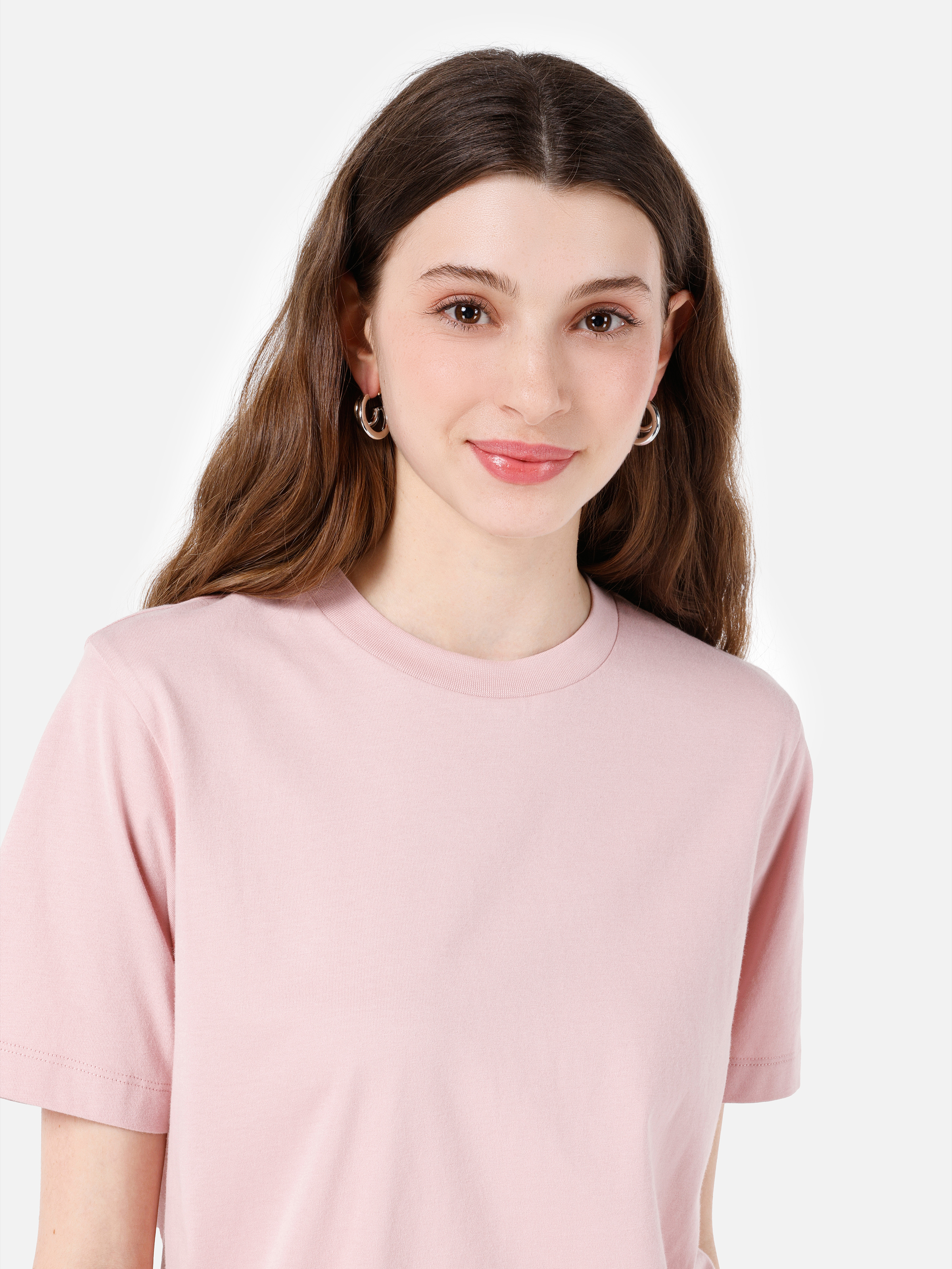 Regular Fit Yuvarlak Yaka Düz Kadın Pembe Kısa Kol Tişört