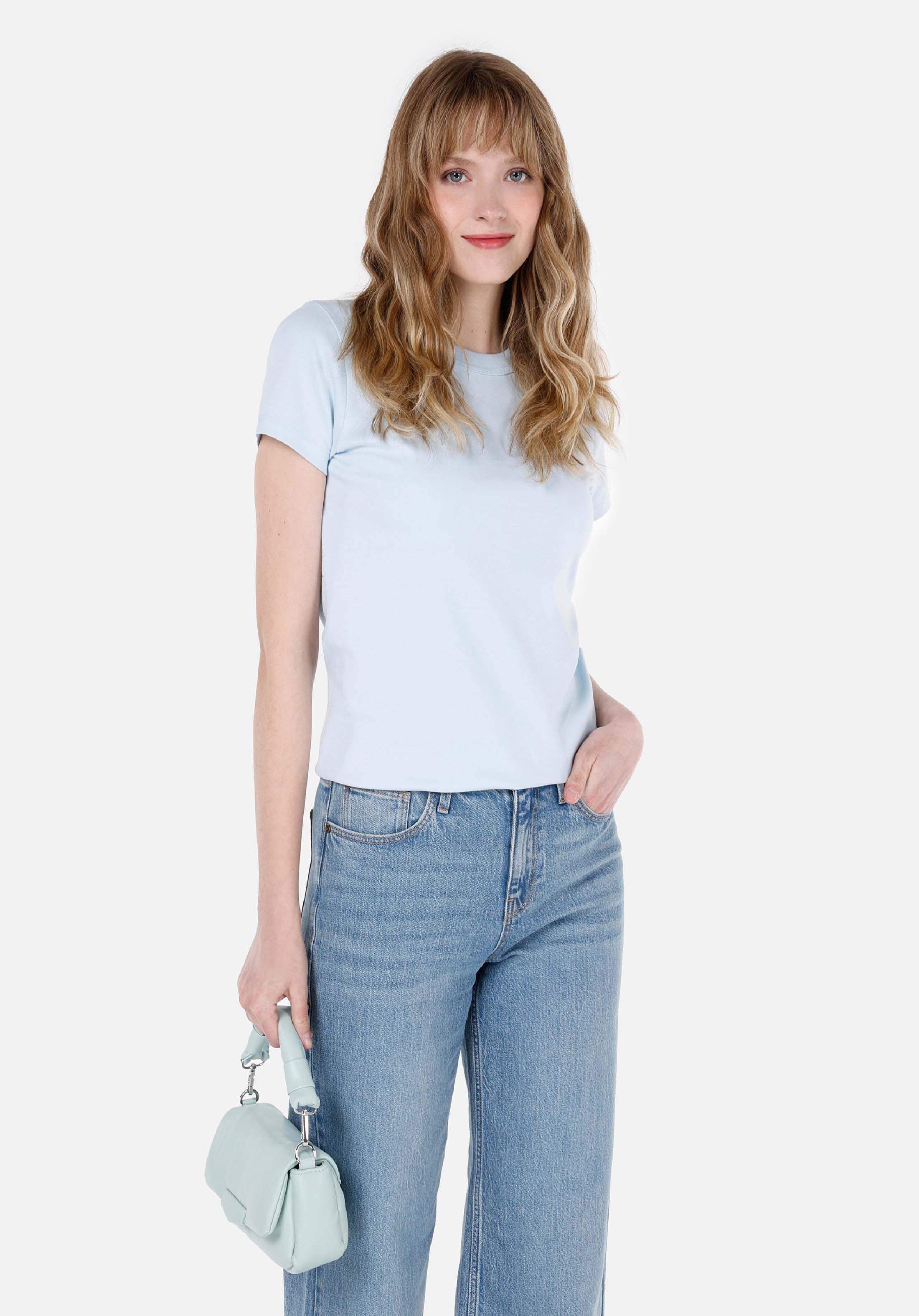 Slim Fit Yuvarlak Yaka Düz Kadın Mavi Kısa Kol Tişört