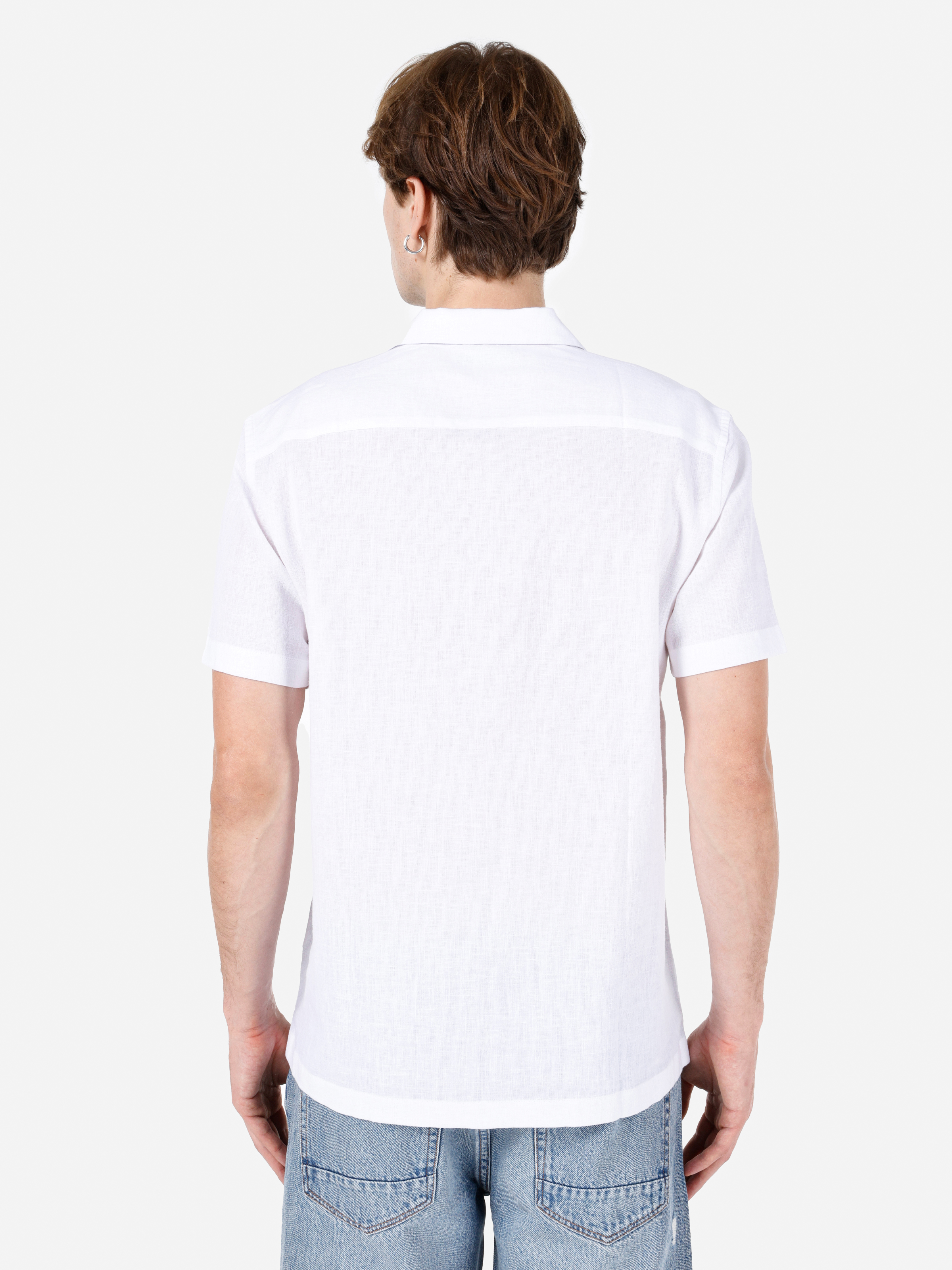 Comfort Fit Shirt Neck Düz Erkek Beyaz Kısa Kol Gömlek