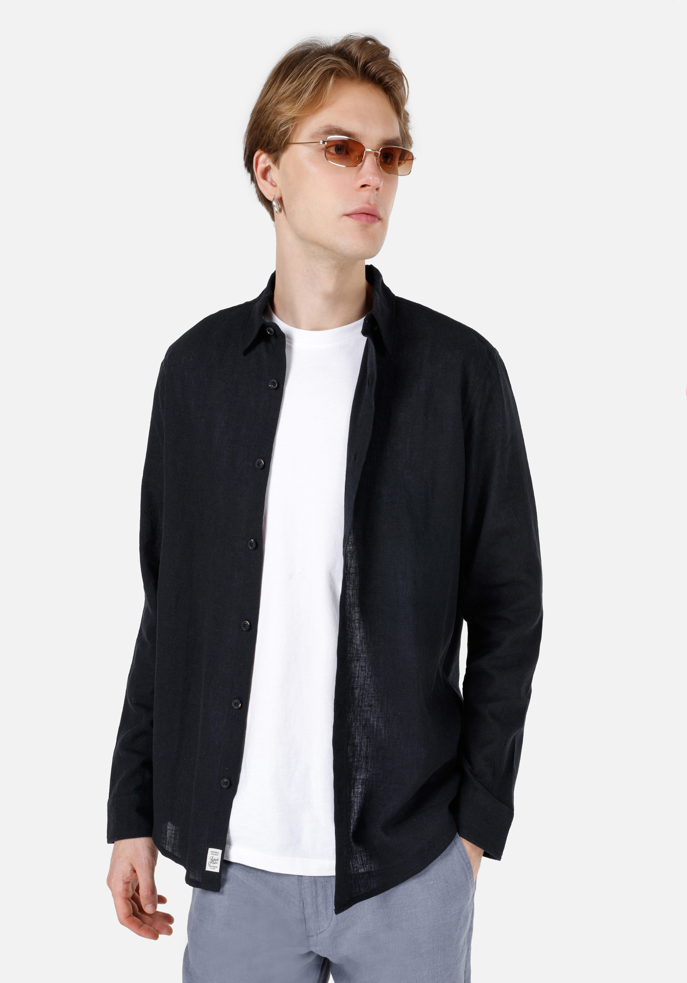 Comfort Fit Shirt Neck Düz Erkek Siyah Uzun Kol Gömlek