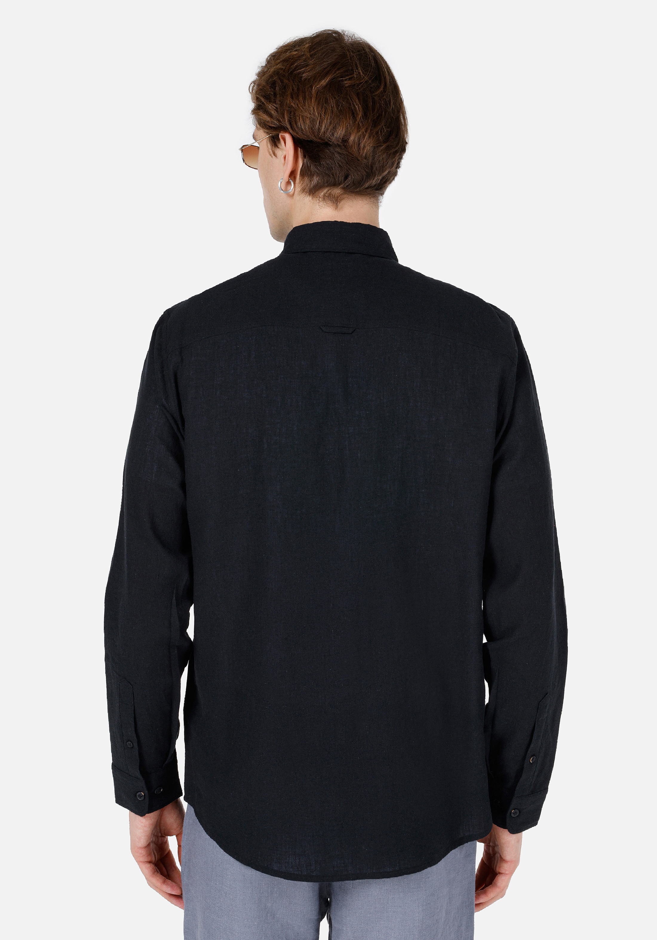 Comfort Fit Shirt Neck Düz Erkek Siyah Uzun Kol Gömlek