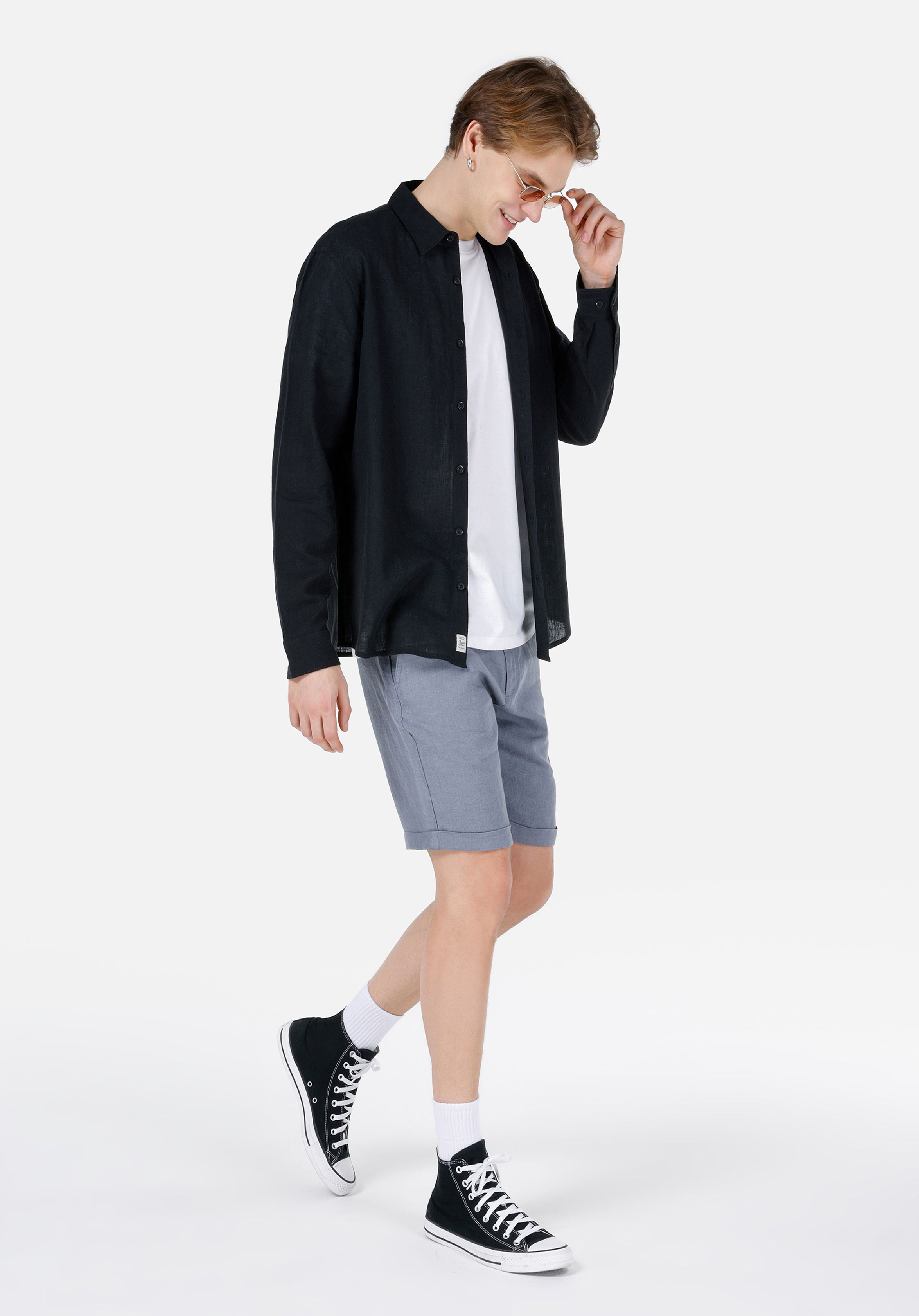 Comfort Fit Shirt Neck Düz Erkek Siyah Uzun Kol Gömlek