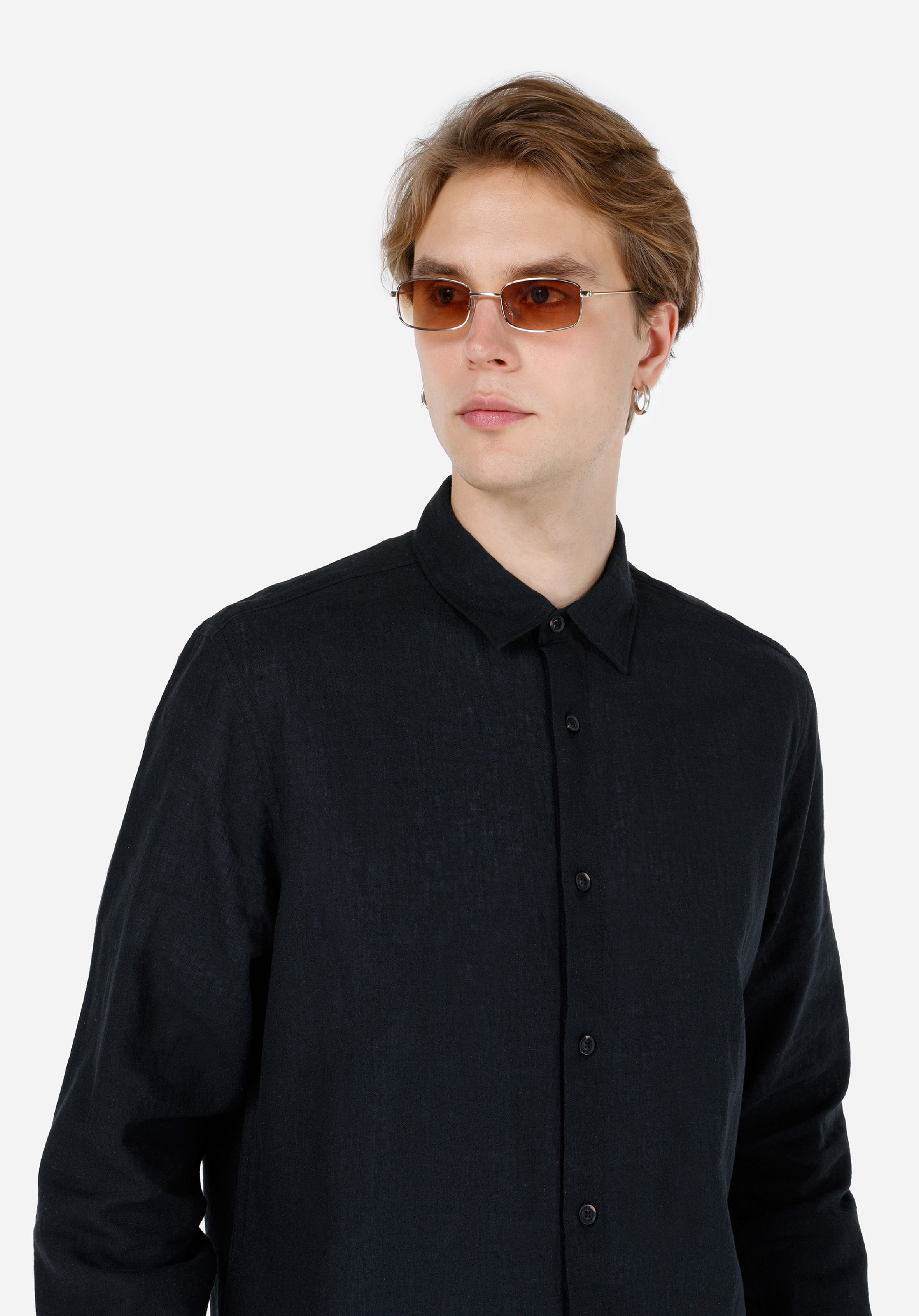 Comfort Fit Shirt Neck Düz Erkek Siyah Uzun Kol Gömlek