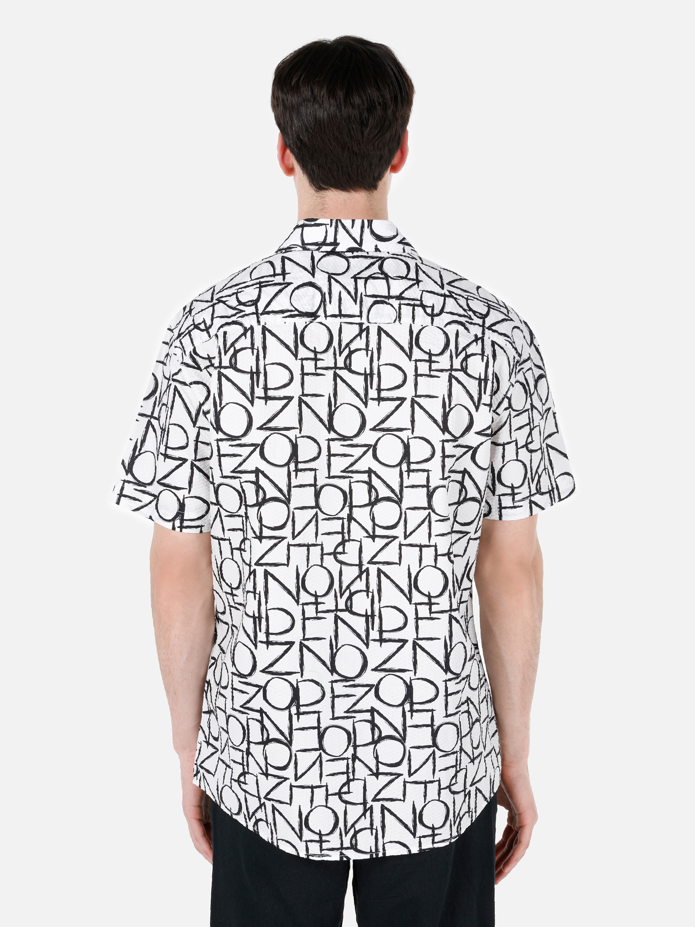 Regular Fit Shirt Neck Baskılı Erkek Beyaz Kısa Kol Gömlek