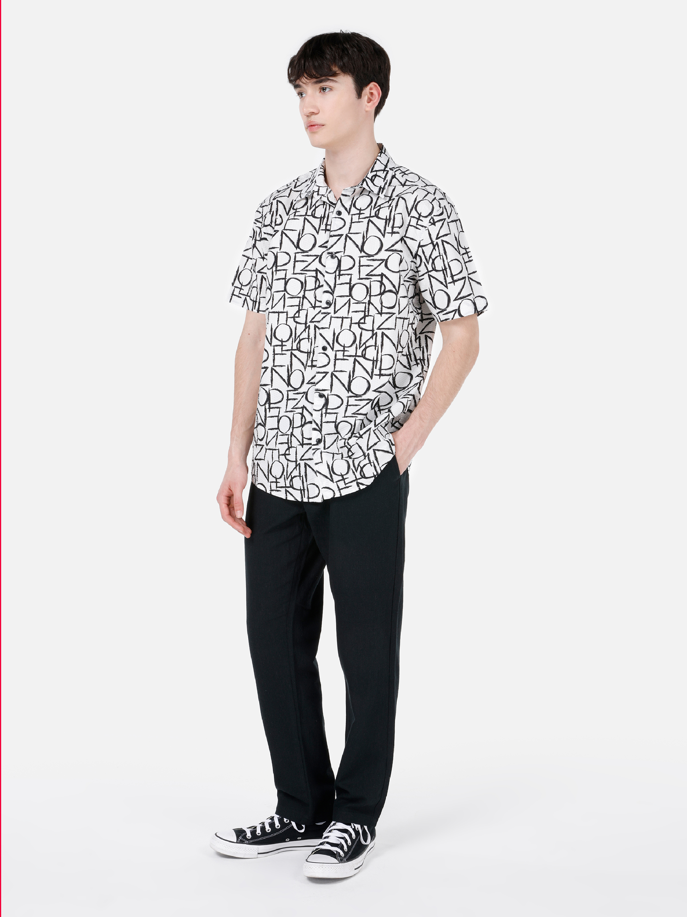 Regular Fit Shirt Neck Baskılı Erkek Beyaz Kısa Kol Gömlek
